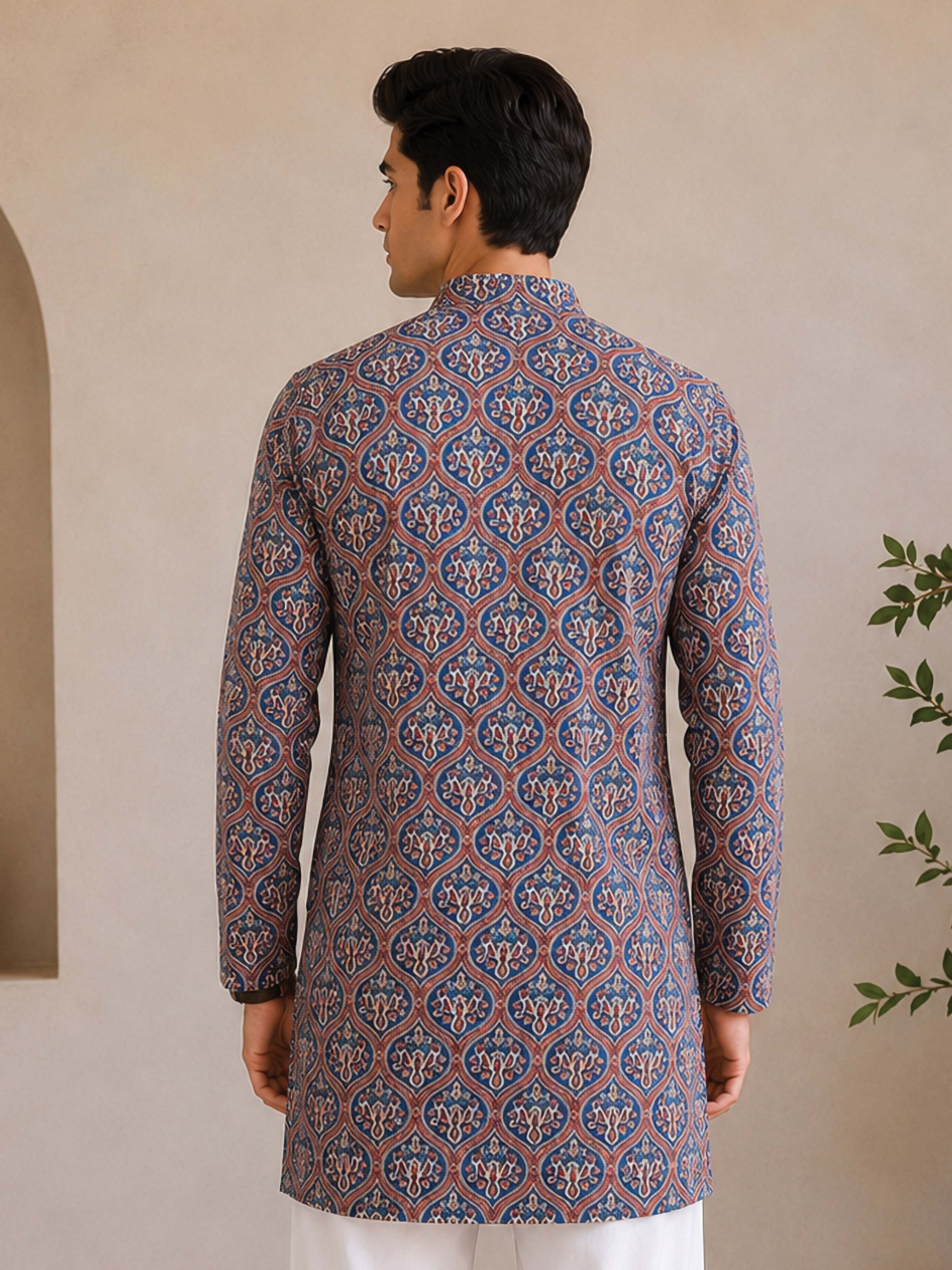 Men's Red Cotton Embroidered Regular Kurta