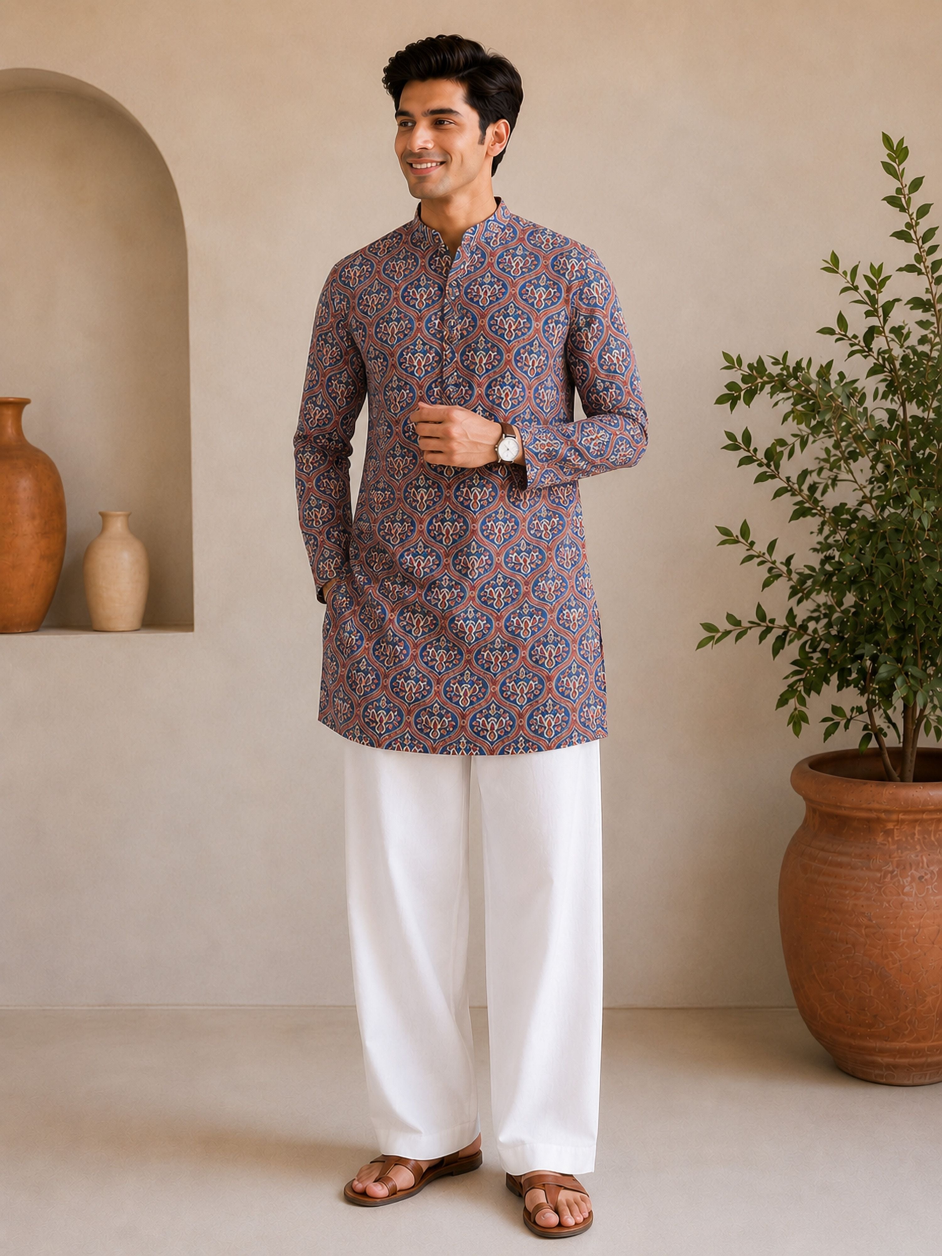 Men's Red Cotton Embroidered Regular Kurta