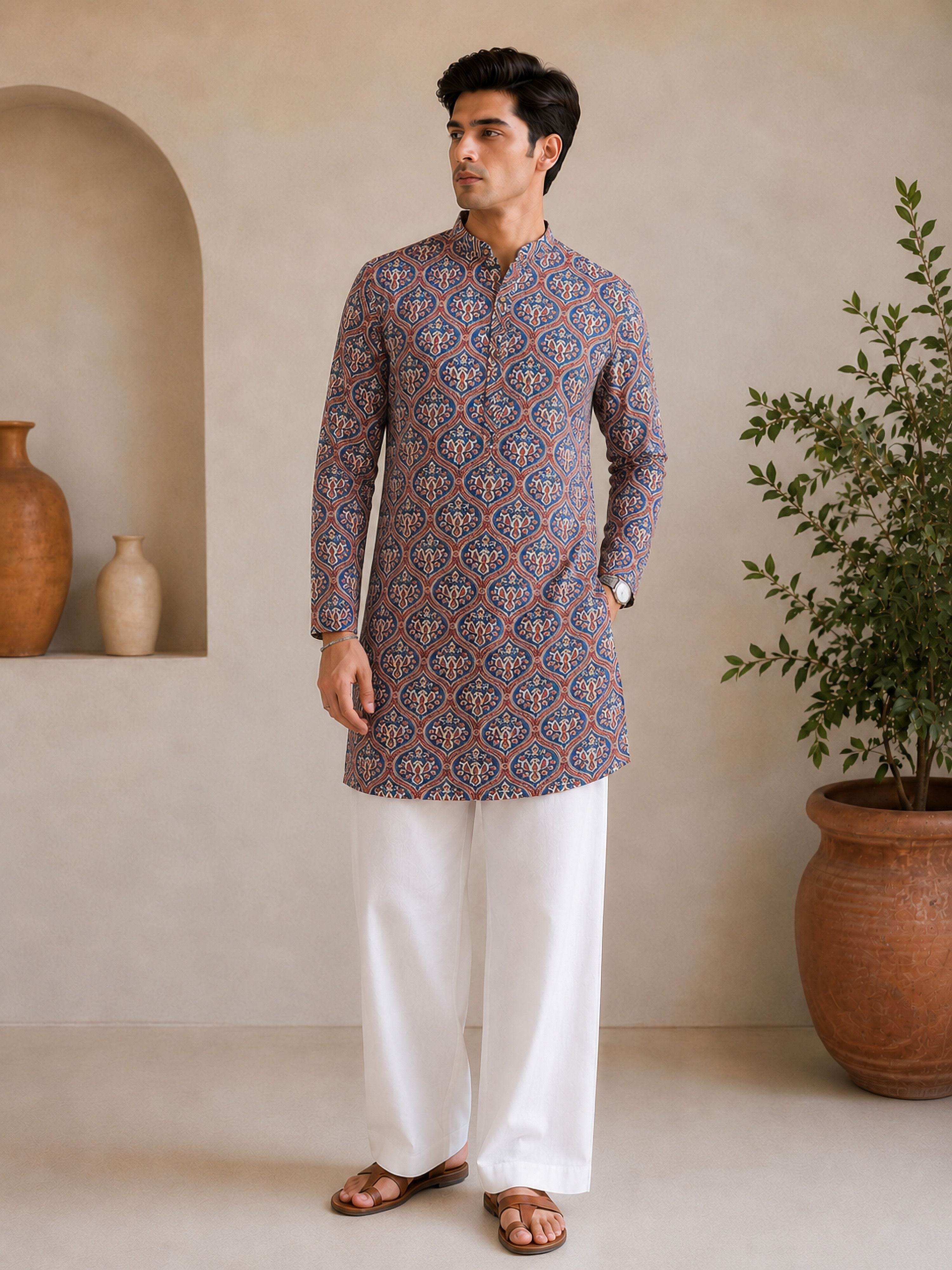 Men's Red Cotton Embroidered Thigh Length Kurta with Wide Leg Pant