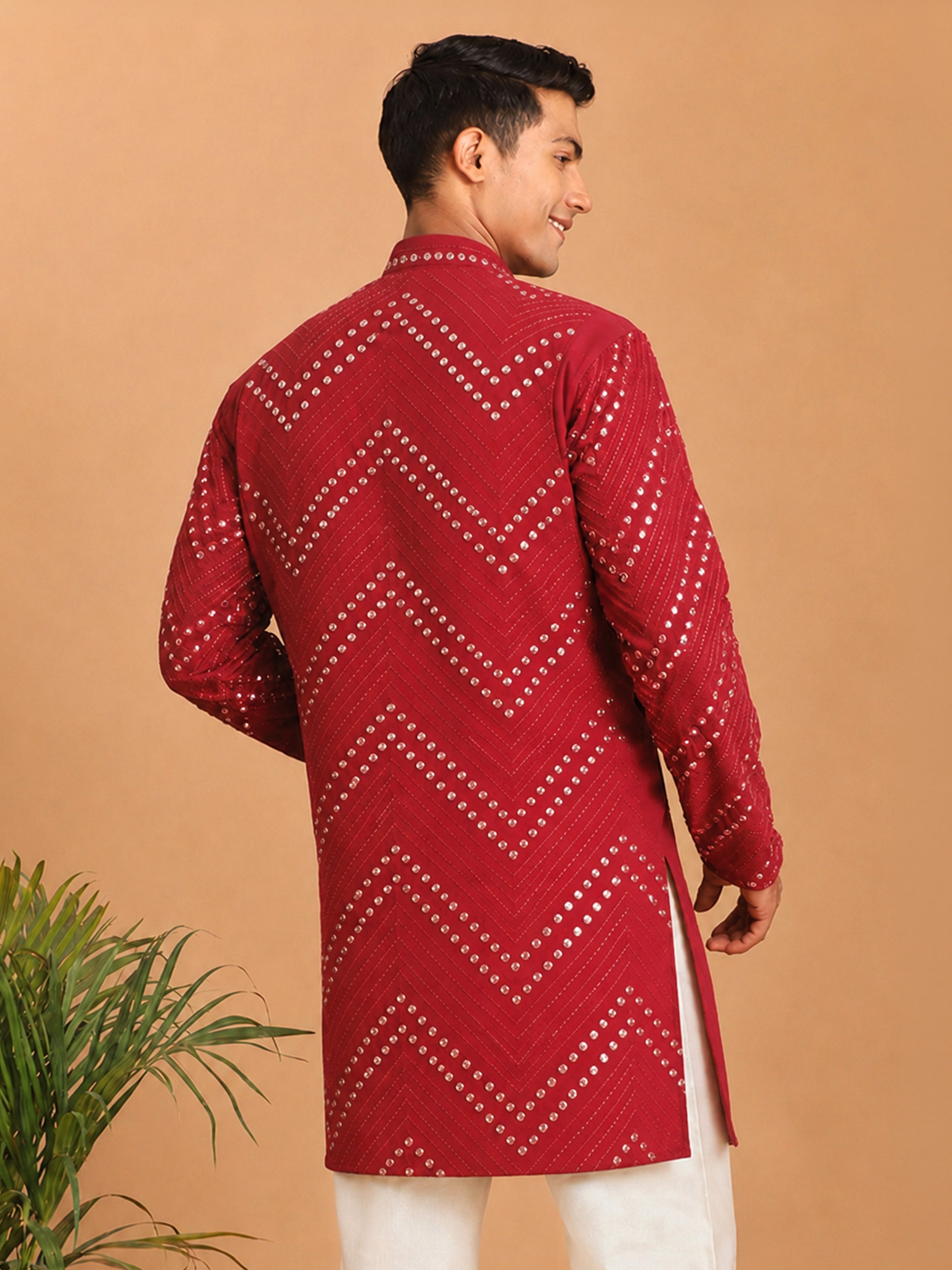 Men's Red Georgette Geometry Thigh Length Kurta