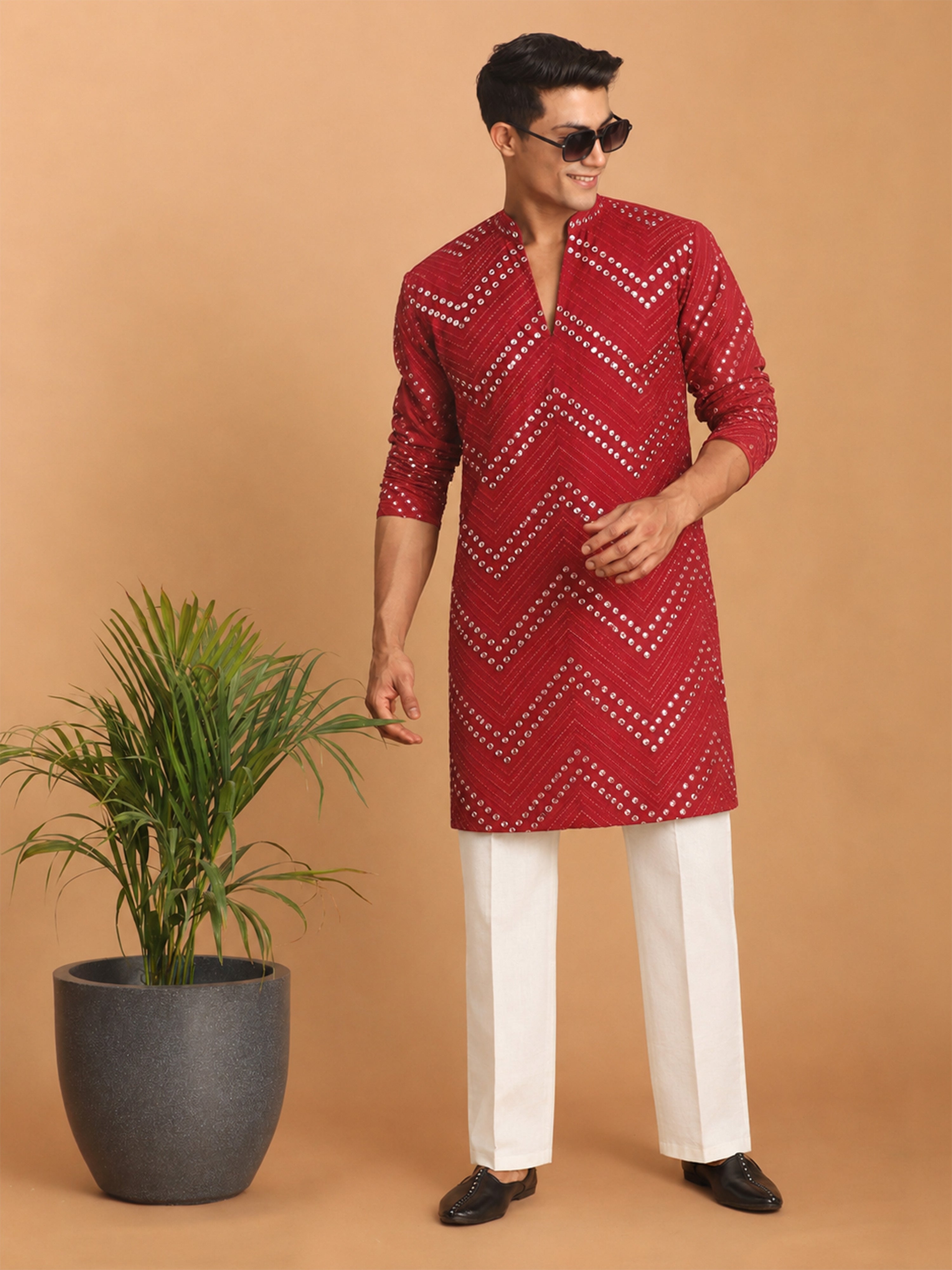 Men's Red Georgette Geometry Thigh Length Kurta