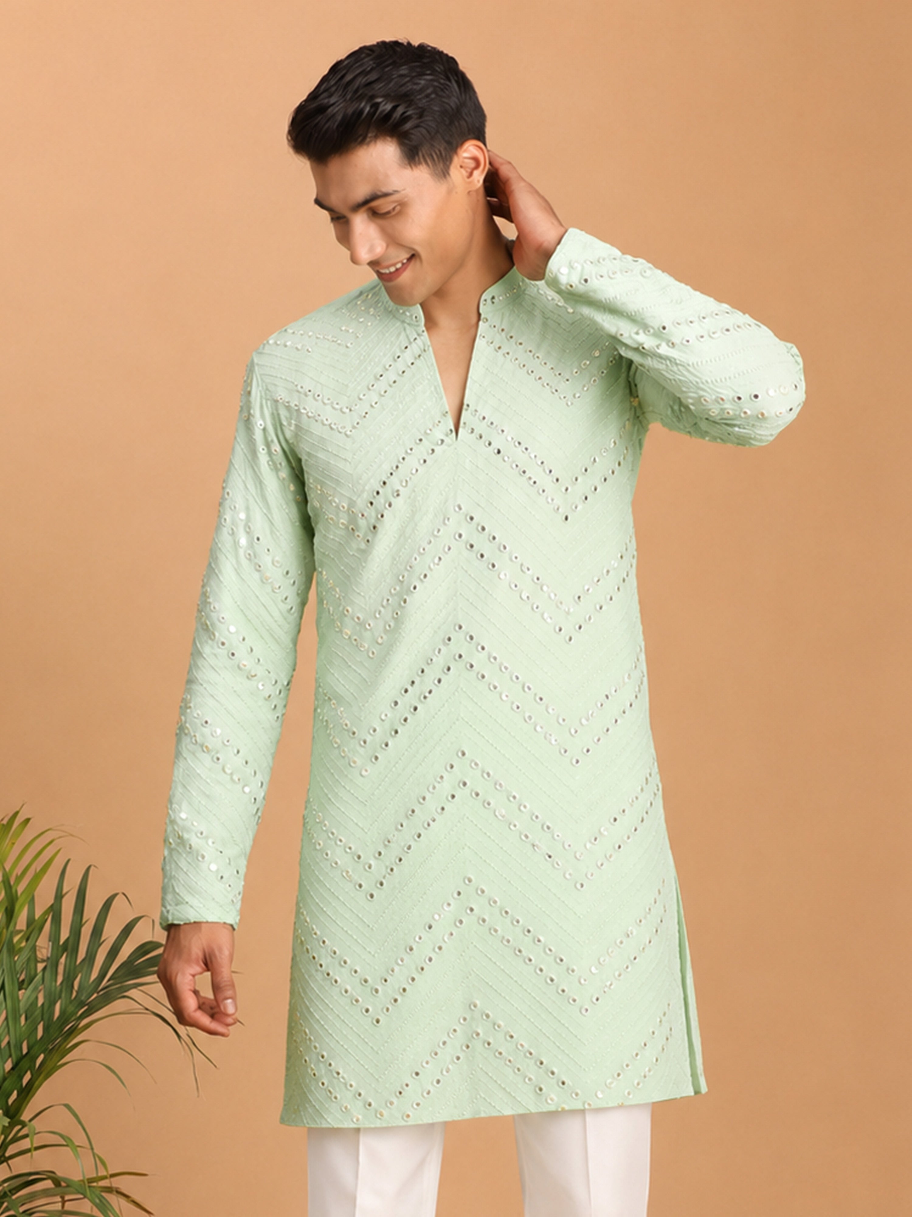 Men's Light Green Georgette Geometry Thigh Length Kurta