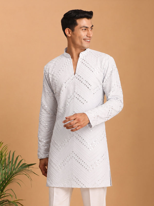 Men's White Georgette Mirror Work Kurta | Mandarin Collar