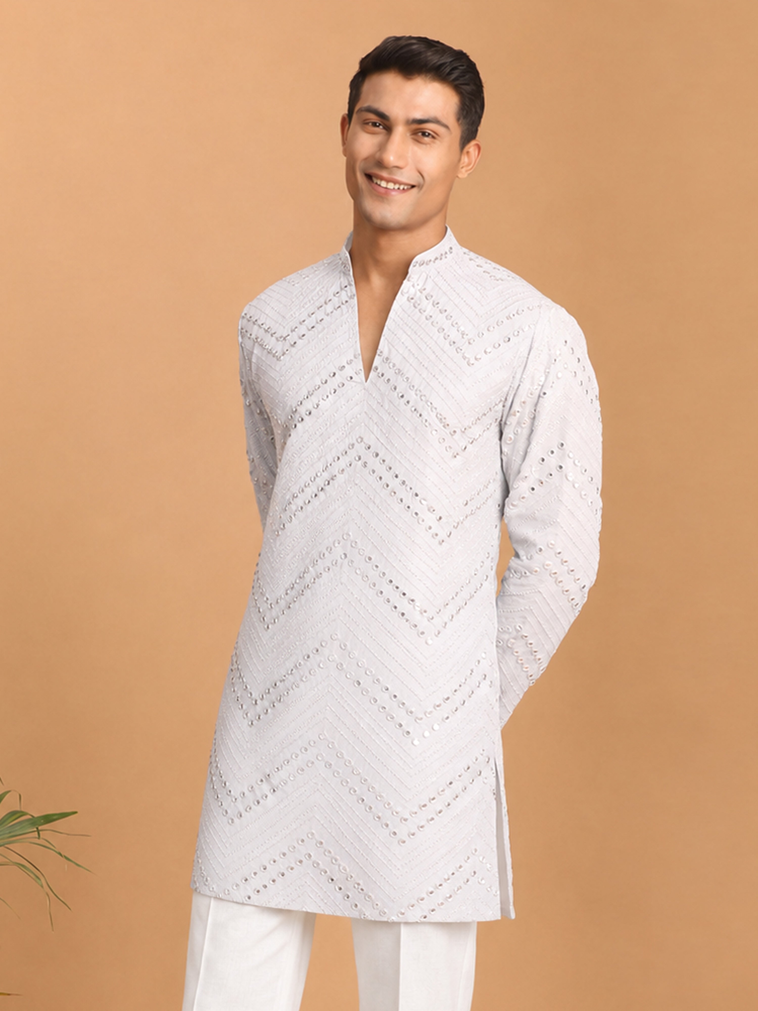 Men's White Georgette Geometry Thigh Length Kurta
