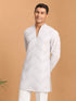 Men White Geometric Mirror Work Thigh Length Kurta