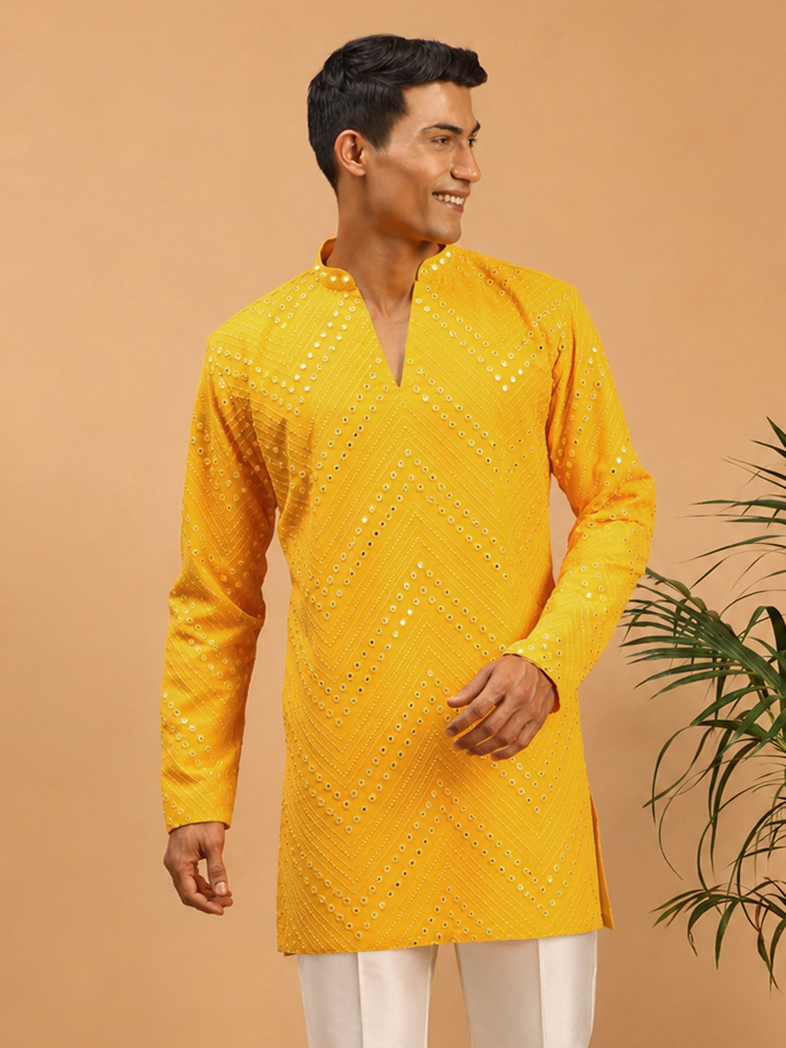 Men's Yellow Georgette Mirror Work Straight Kurta