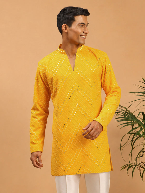 Men's Yellow Georgette Mirror Work Straight Kurta