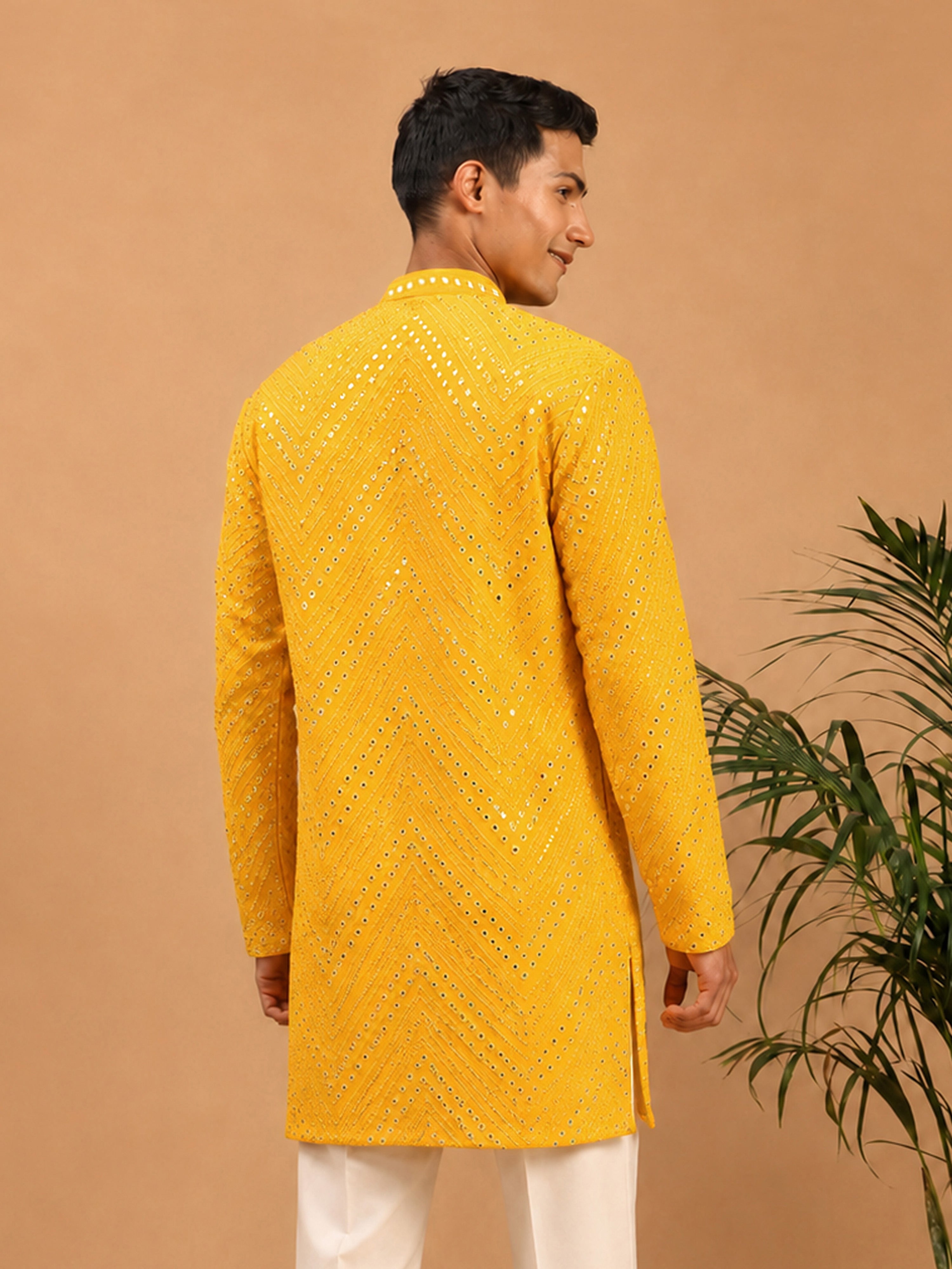 Men's Yellow Georgette Geometry Thigh Length Kurta