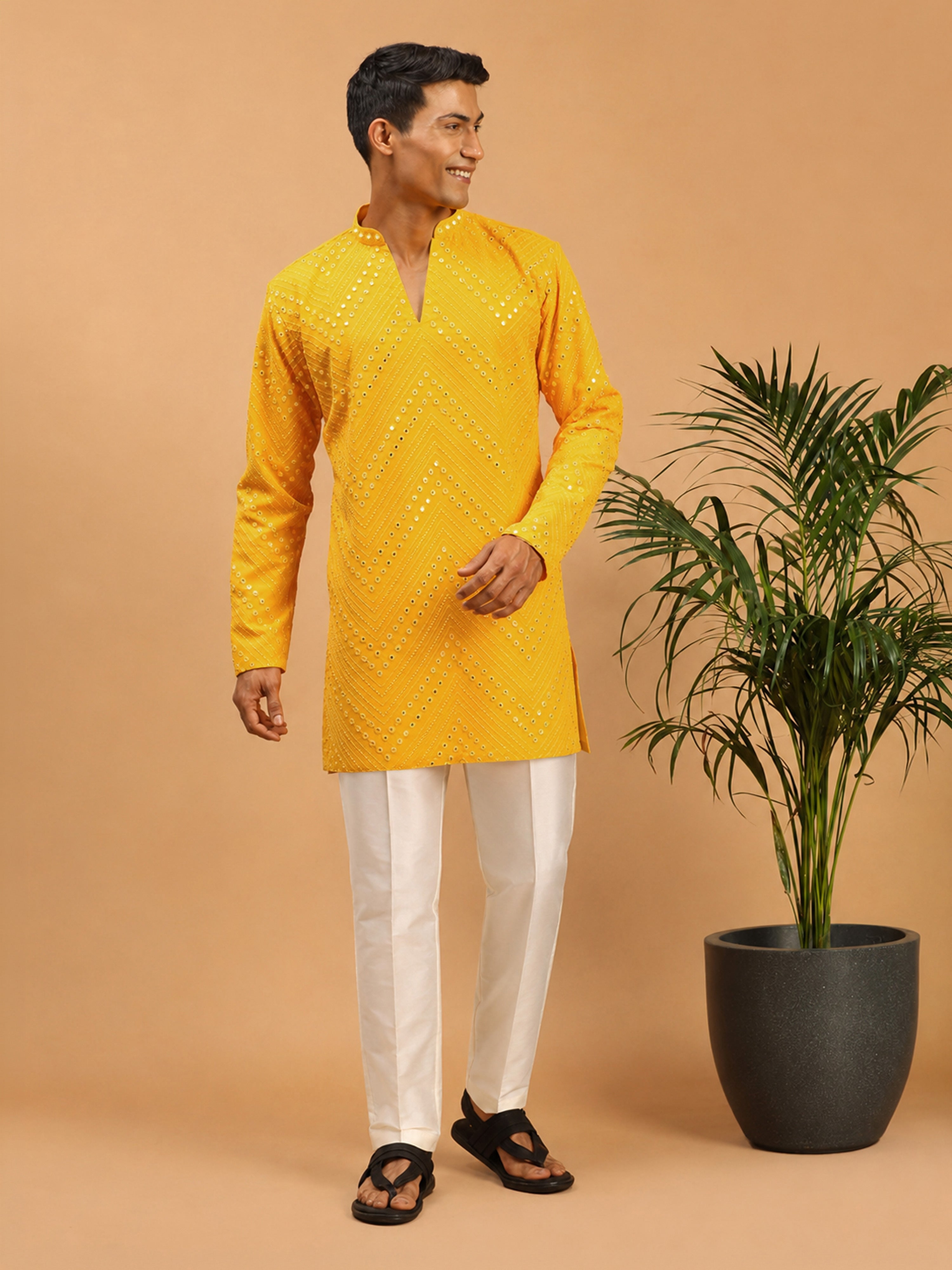Men's Yellow Georgette Geometry Thigh Length Kurta