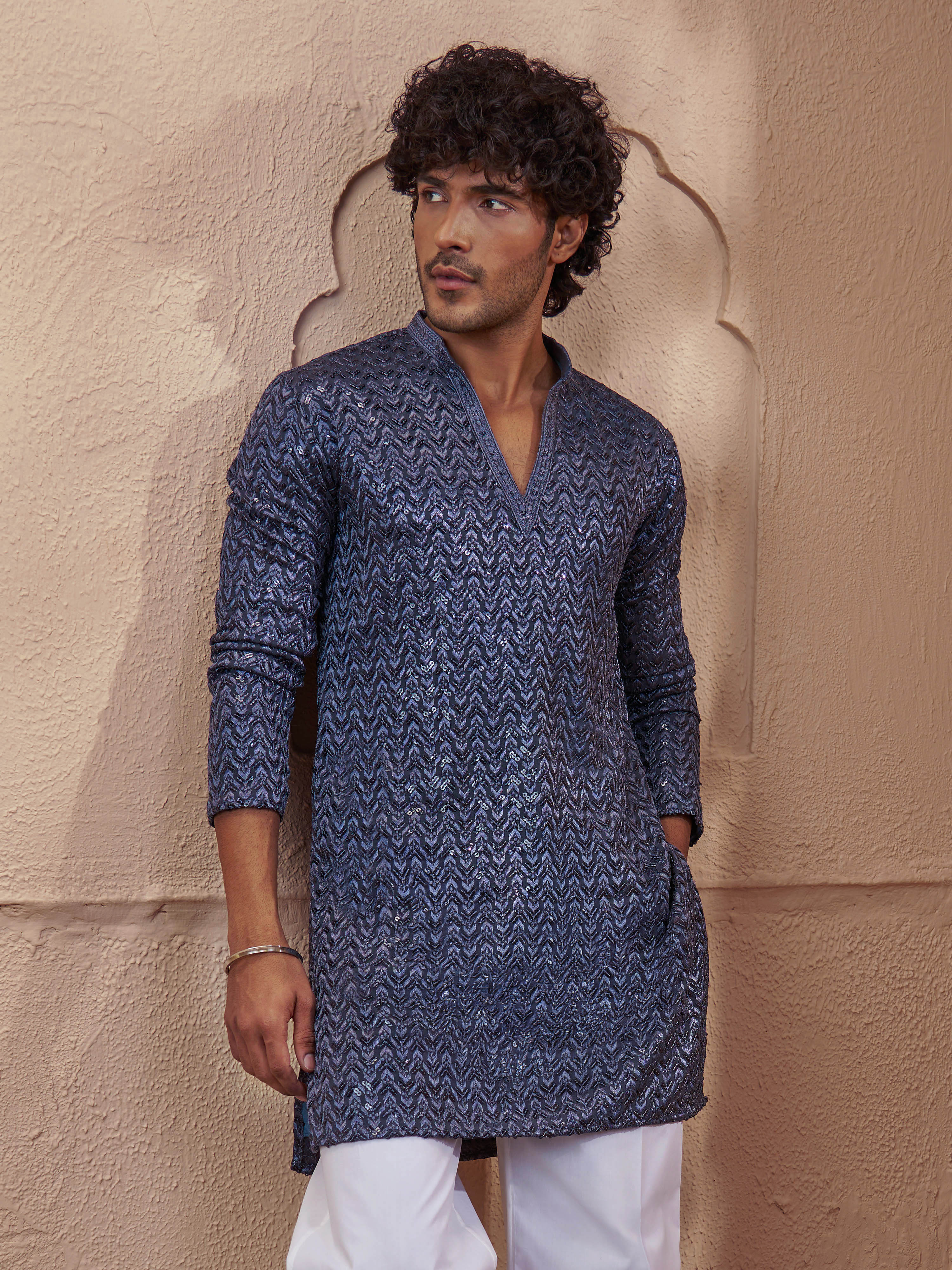 Vastramay Men Grey Rayon Sequin Embellished V-Neck Thigh Length Kurta