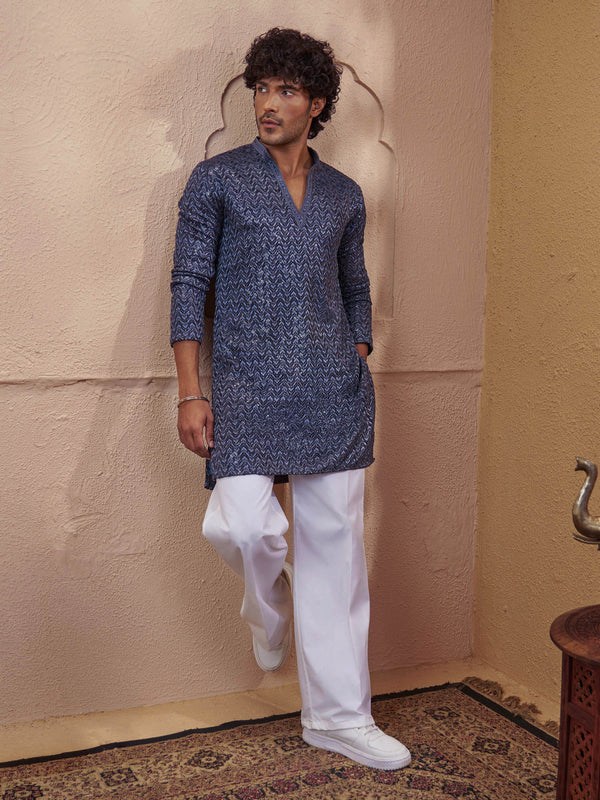 Men Grey Sequin Embellished V-Neck Kurta with White Wide Leg Pant Set