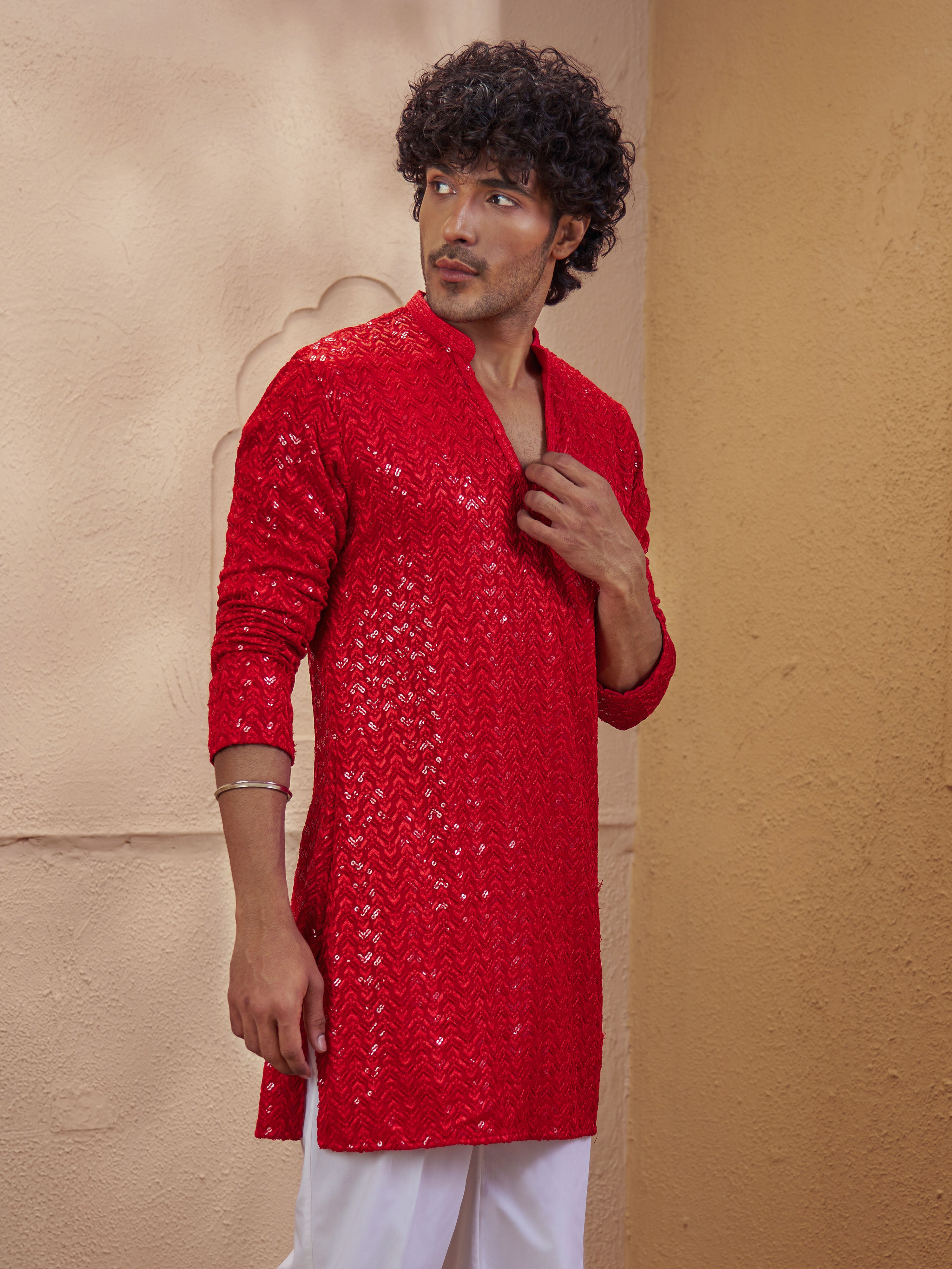 Vastramay Men Red Rayon Sequin Embellished V-Neck Thigh Length Kurta