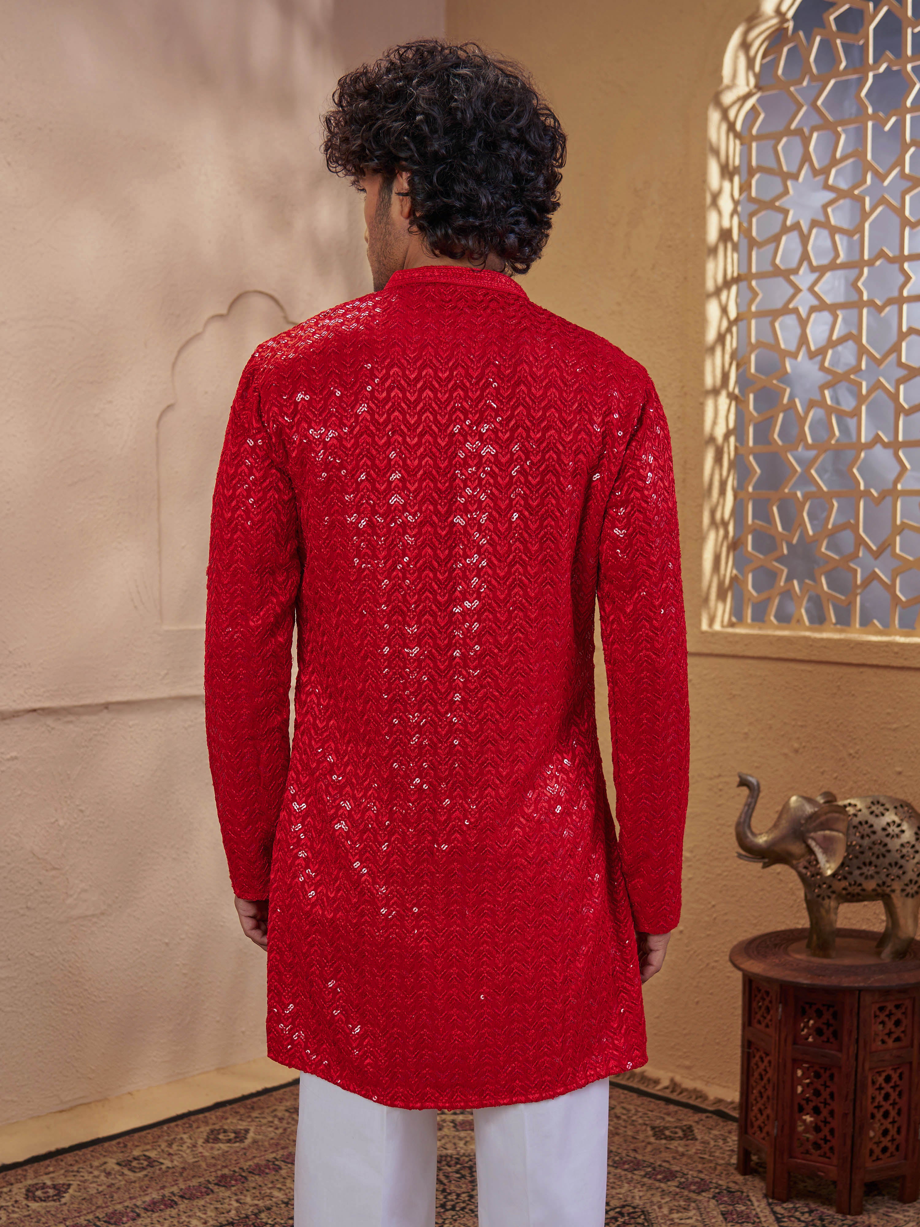 Vastramay Men Red Rayon Sequin Embellished V-Neck Thigh Length Kurta