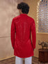 Vastramay Men Red Rayon Sequin Embellished V-Neck Thigh Length Kurta