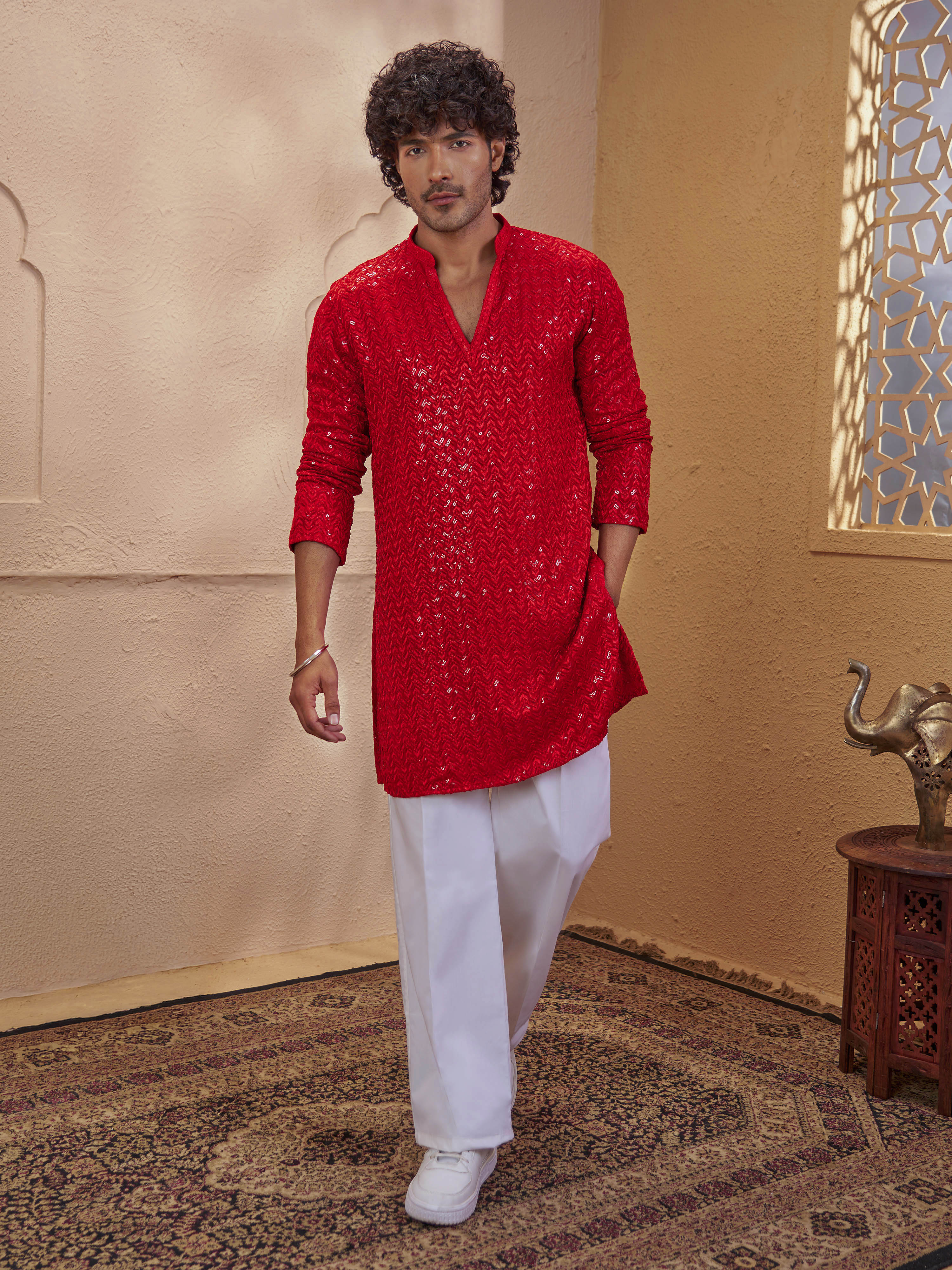 Vastramay Men Red Rayon Sequin Embellished V-Neck Thigh Length Kurta