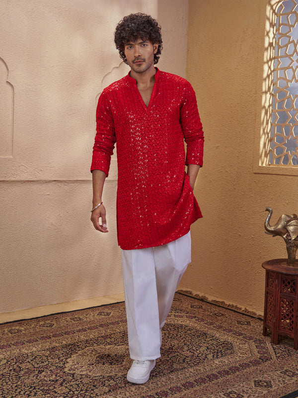 Men Red Sequin Embellished V-Neck Kurta with White Wide Leg Pant Set