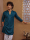 Vastramay Men Turquoise Rayon Sequin Embellished V-Neck Thigh Length Kurta
