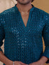 Vastramay Men Turquoise Rayon Sequin Embellished V-Neck Thigh Length Kurta