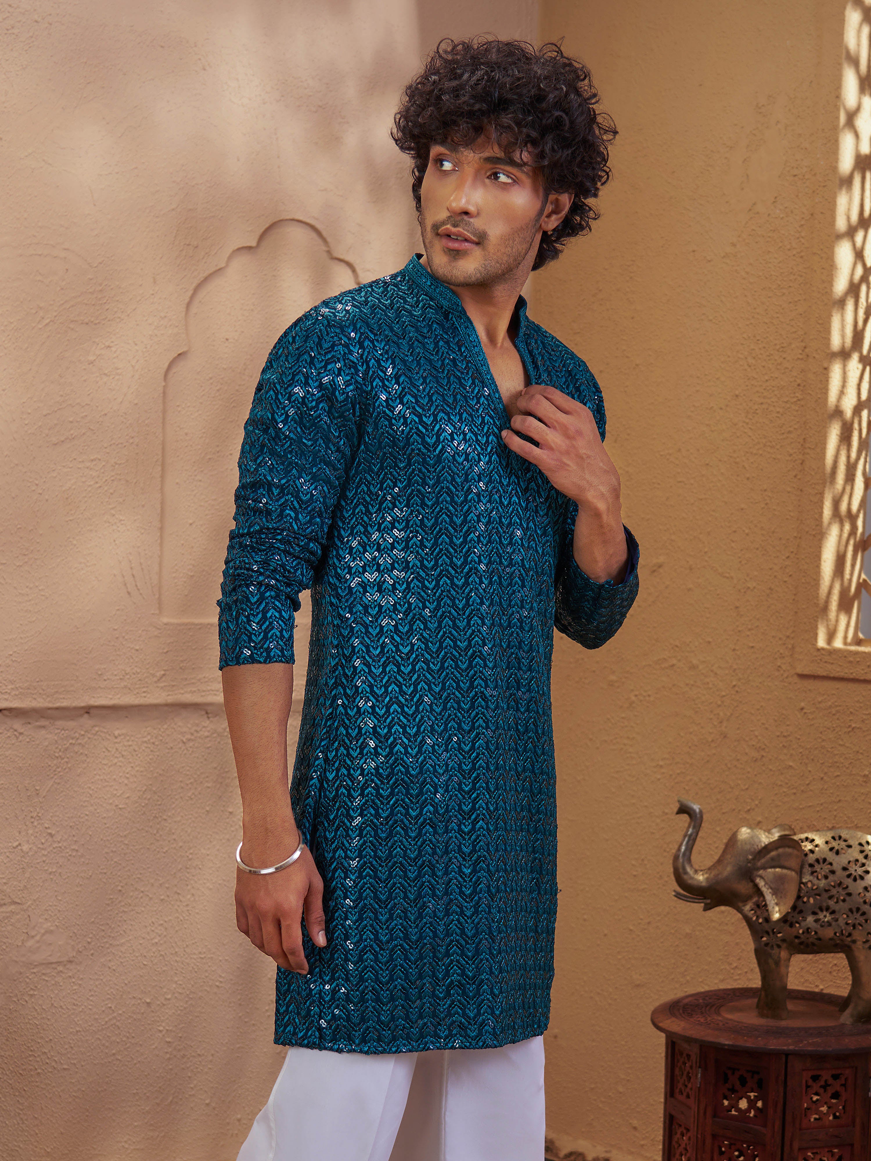 Vastramay Men Turquoise Rayon Sequin Embellished V-Neck Thigh Length Kurta