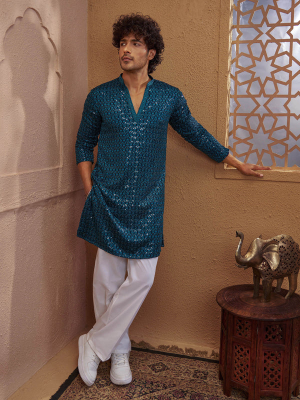 Men Turquoise Sequin Embellished V-Neck Kurta with White Wide Leg Pant Set