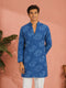 Men's Blue Cotton Floral Print Kurta with Mandarin Collar