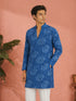 Men's Blue Cotton Floral Thigh Length Kurta