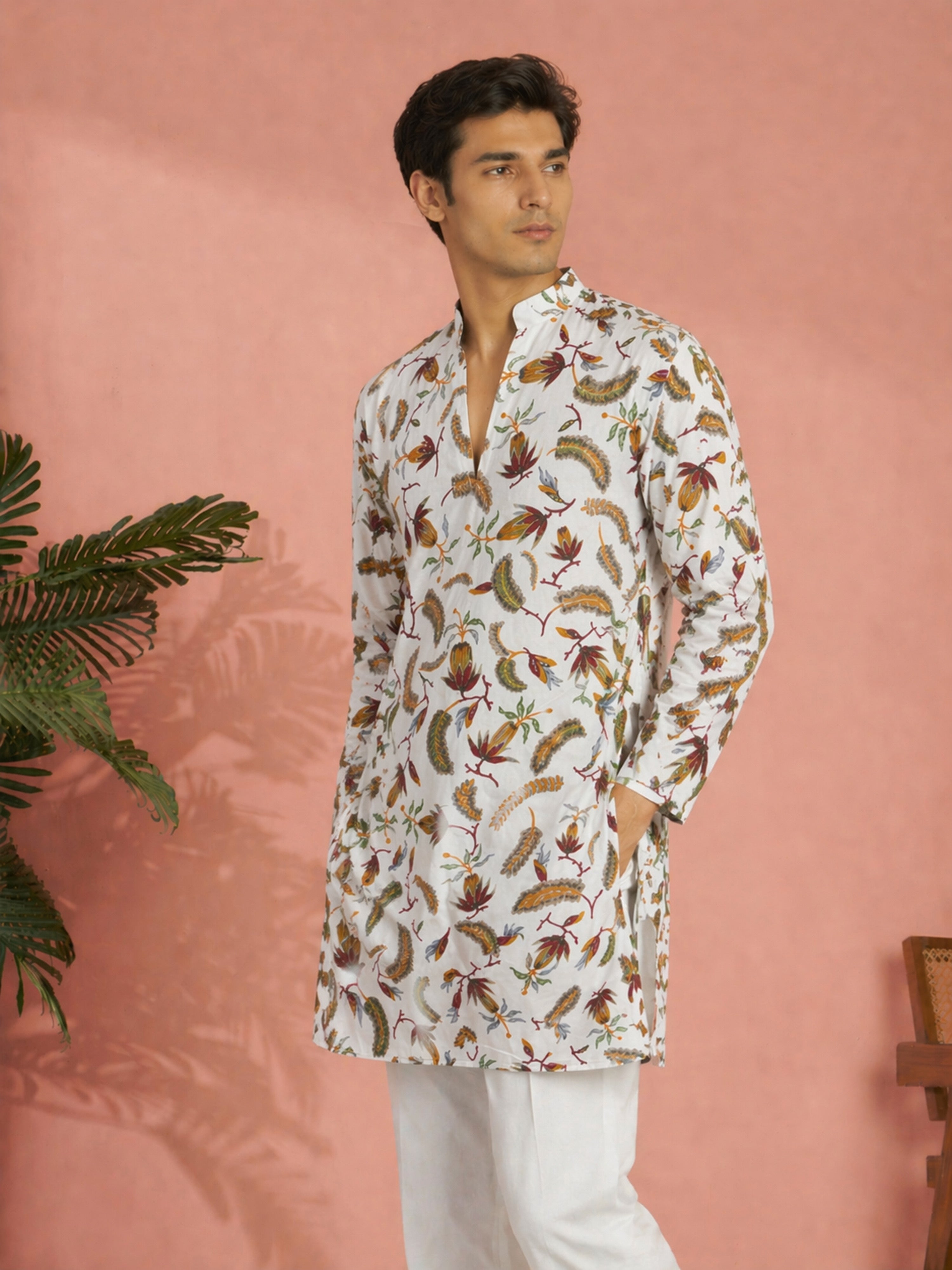 Men's White Rayon Tropical Thigh Length Kurta