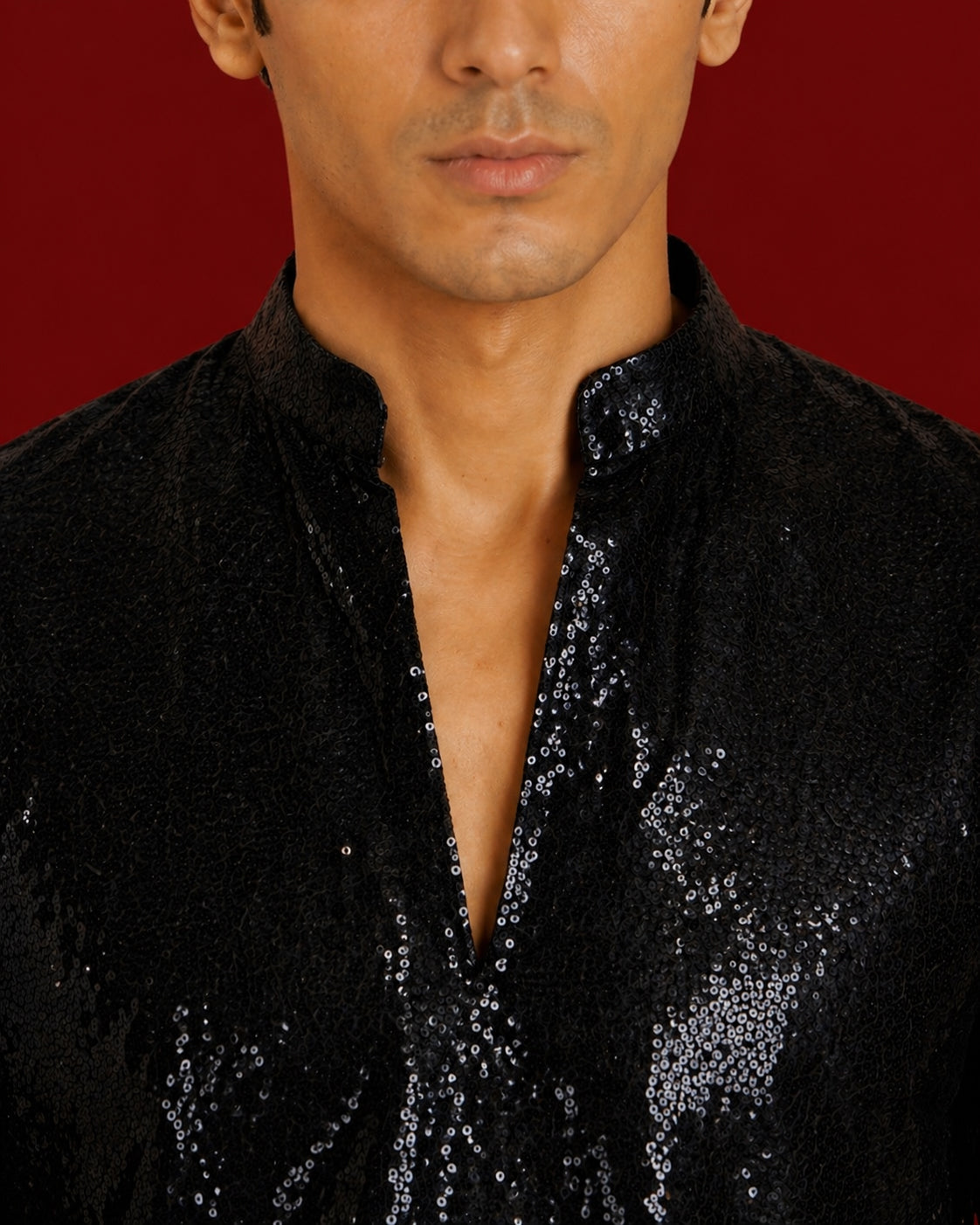 Men Black Geometric Sequin Work Thigh Length Straight Kurta