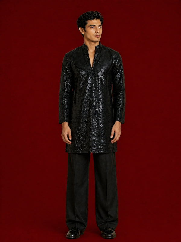 Men's Black Georgette Sequined Kurta Pant Set