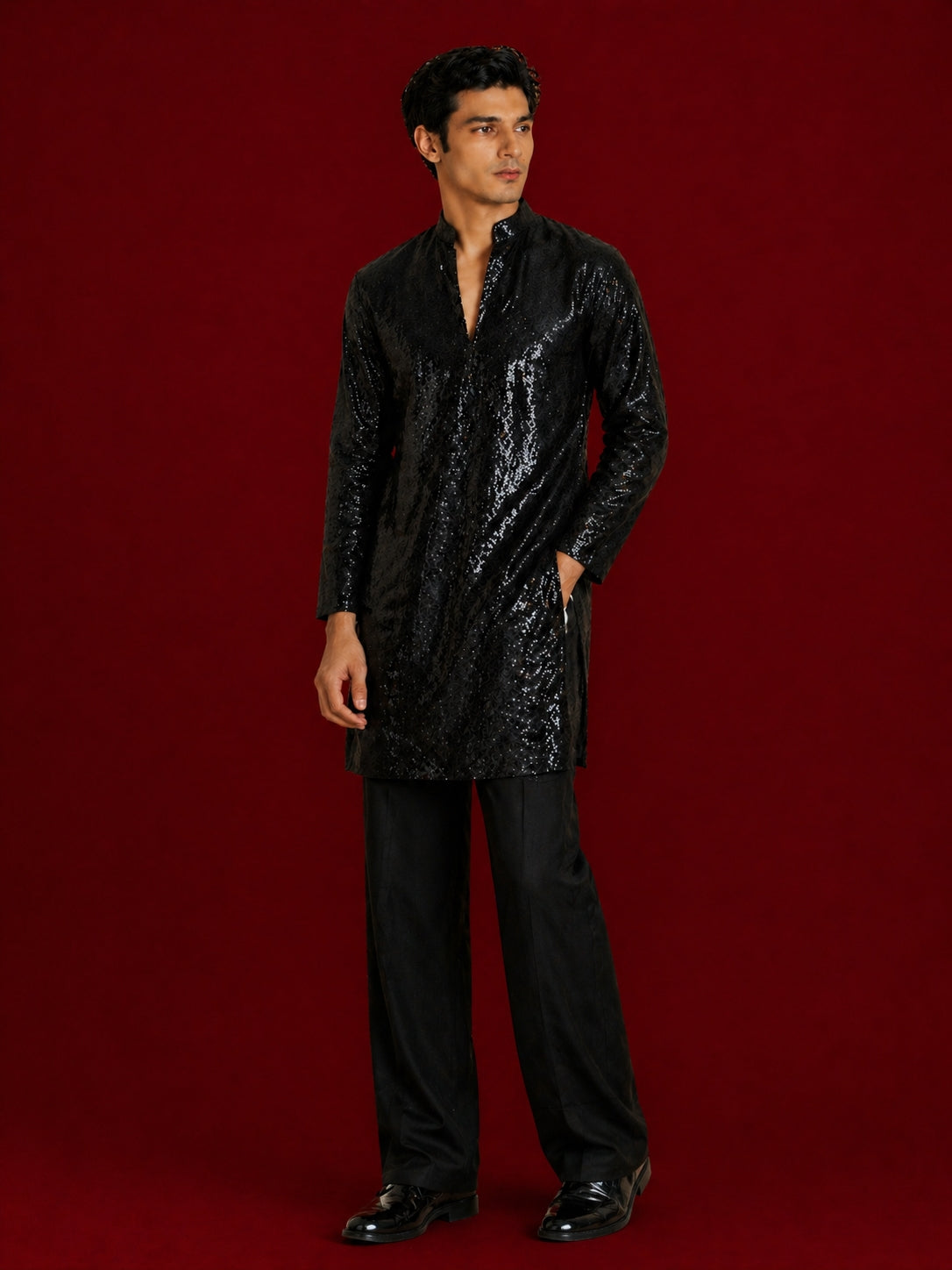Men's Black Georgette Geometry Thigh Length Kurta Pant Set with Wide Leg Pant