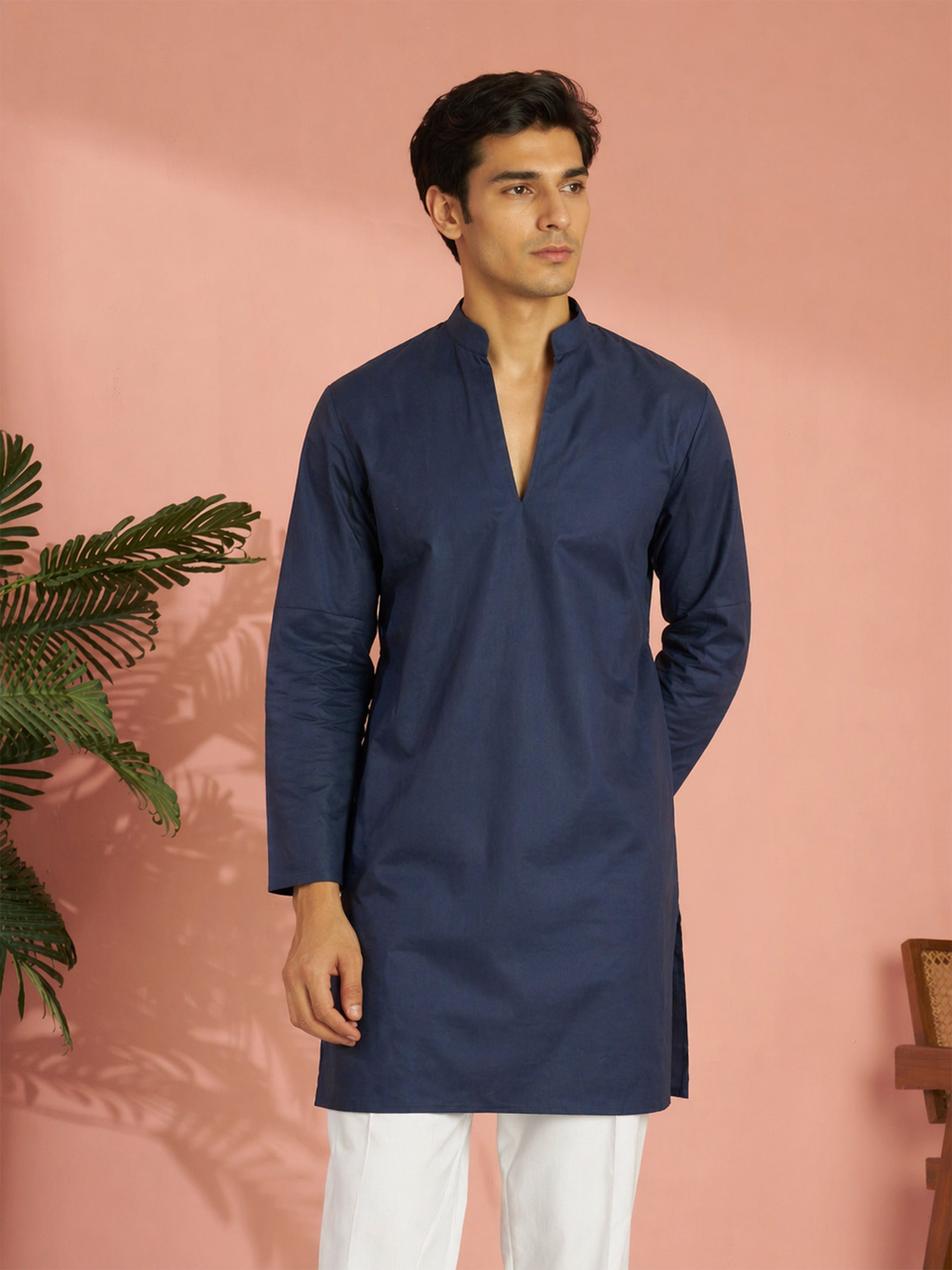 Men Navy Blue Cotton Solid Straight Kurta with Mandarin Collar