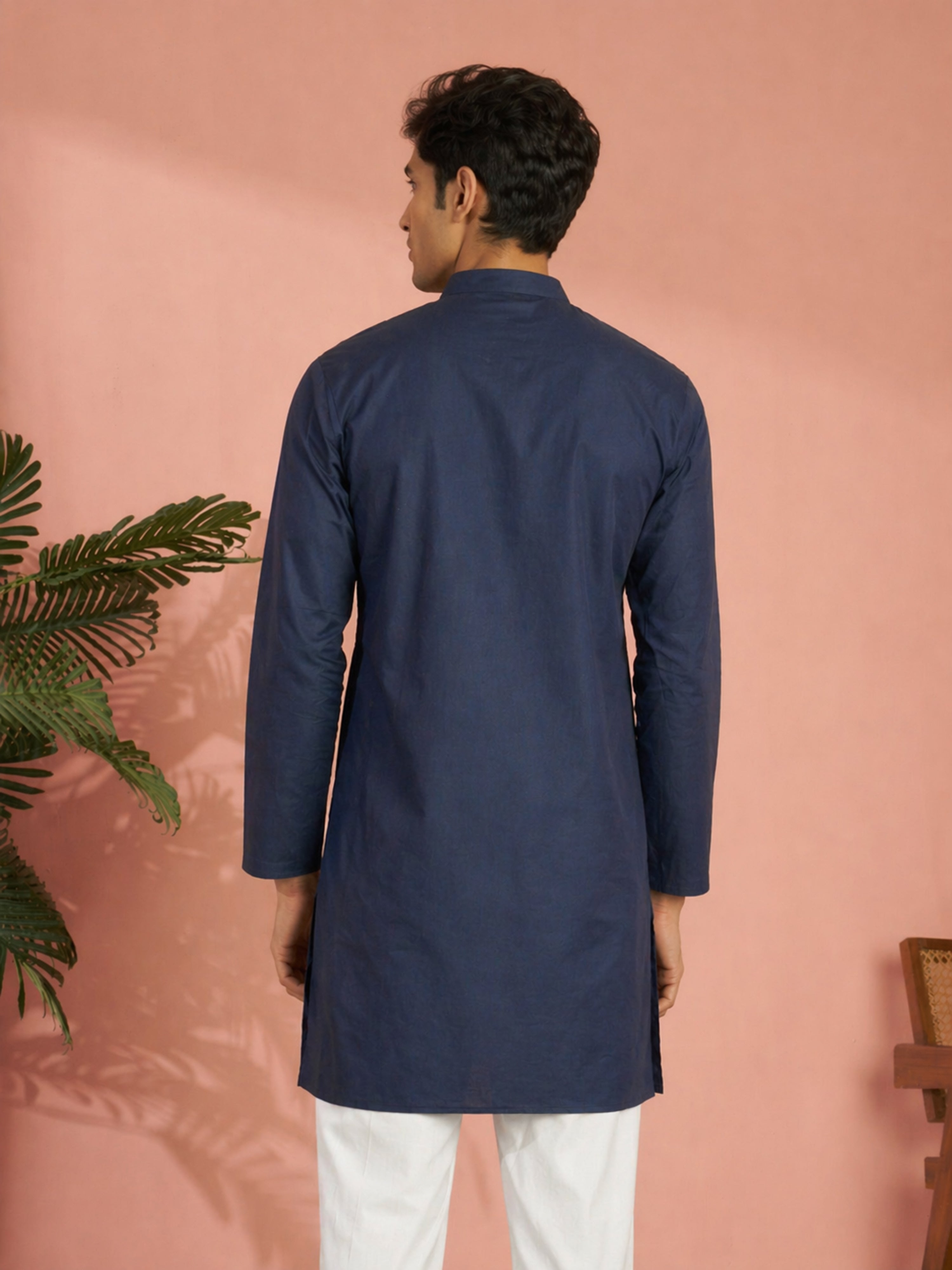 Men's Navy Blue Cotton Solid Thigh Length Kurta