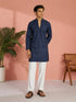 Men's Navy Blue Cotton Solid Thigh Length Kurta