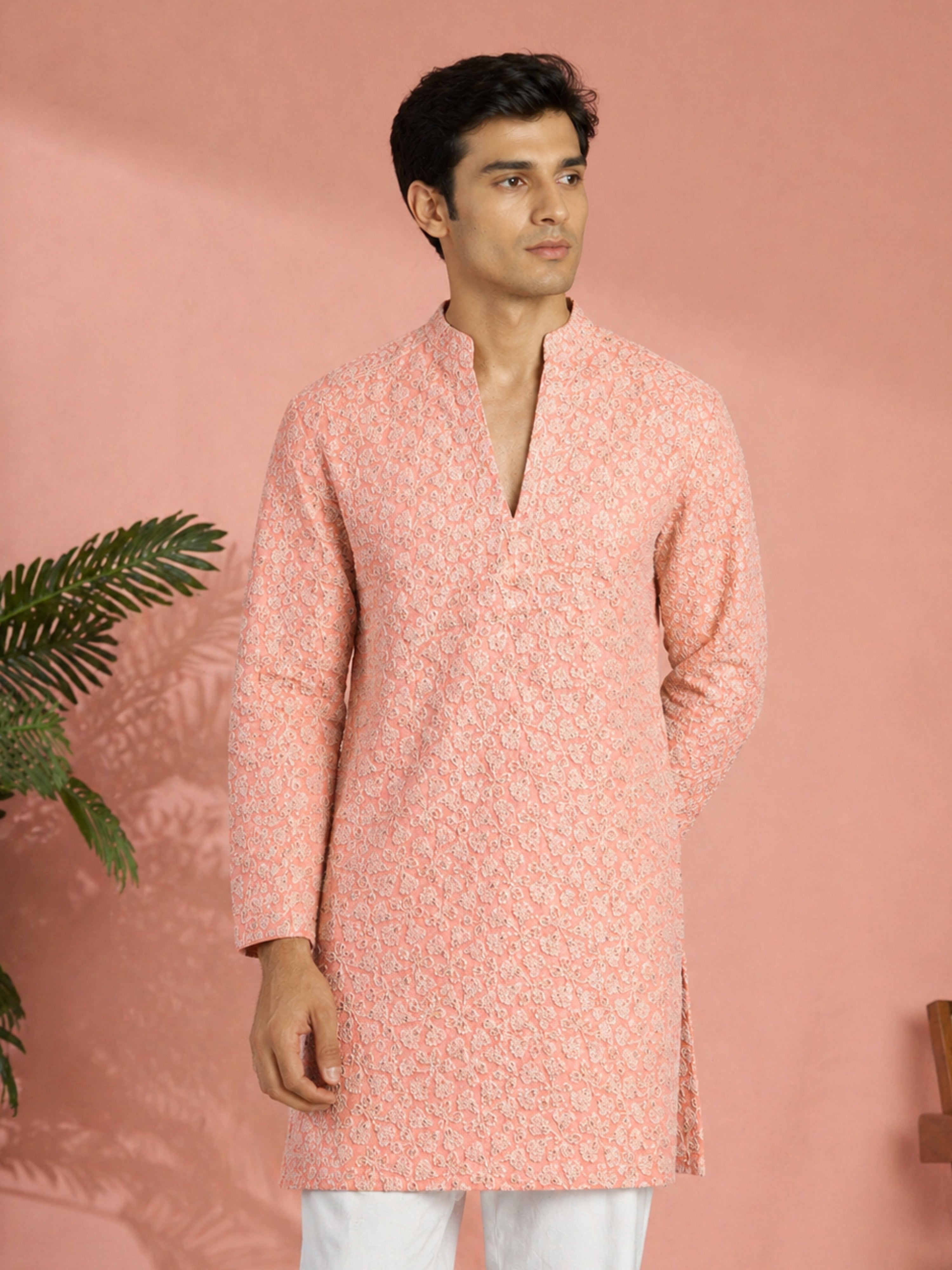 Men's Peach Georgette Floral Thread Work Kurta