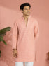 Men's Peach Georgette Floral Thread Work Kurta