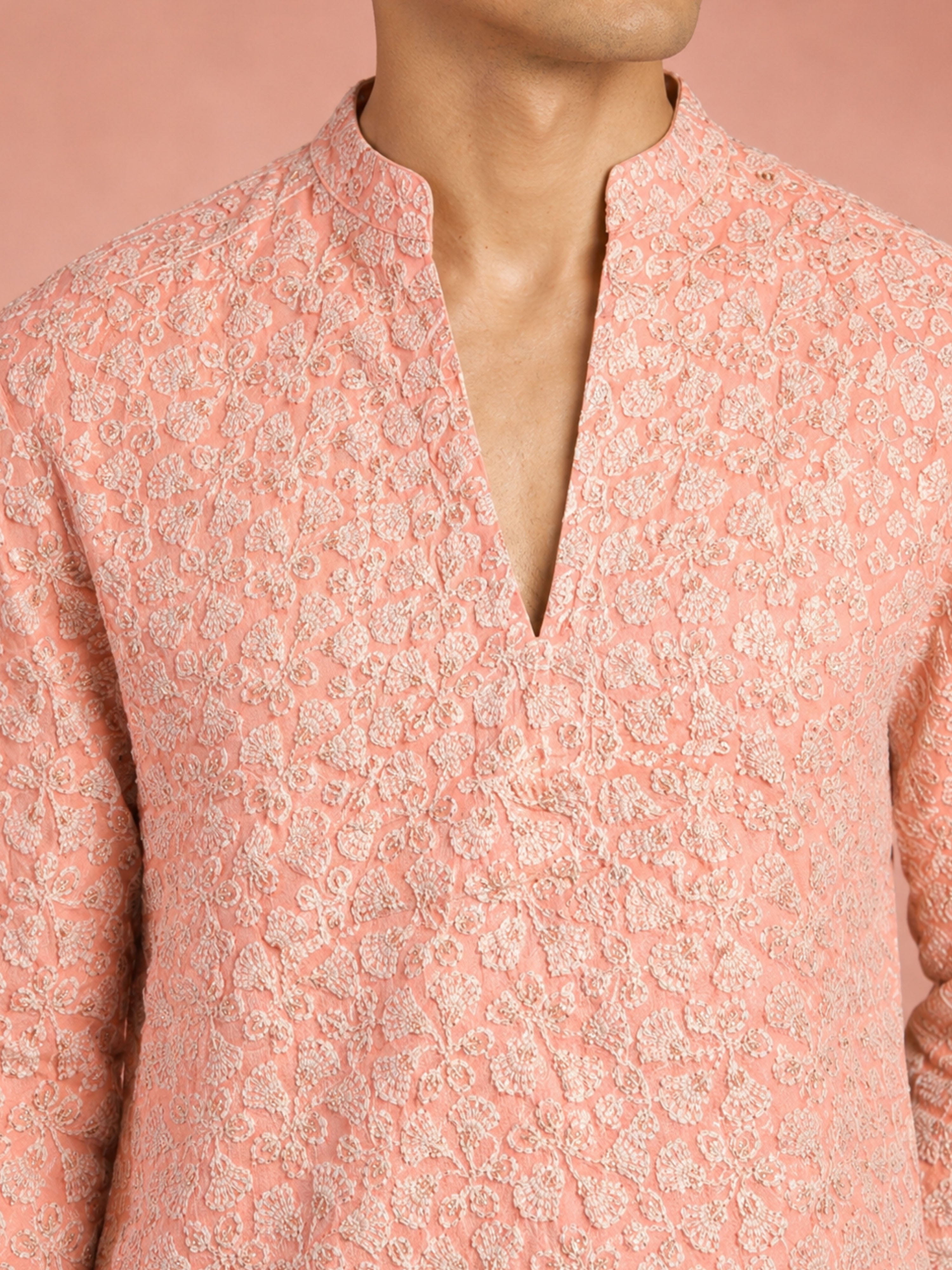 Men's Peach Georgette Floral Thigh Length Kurta