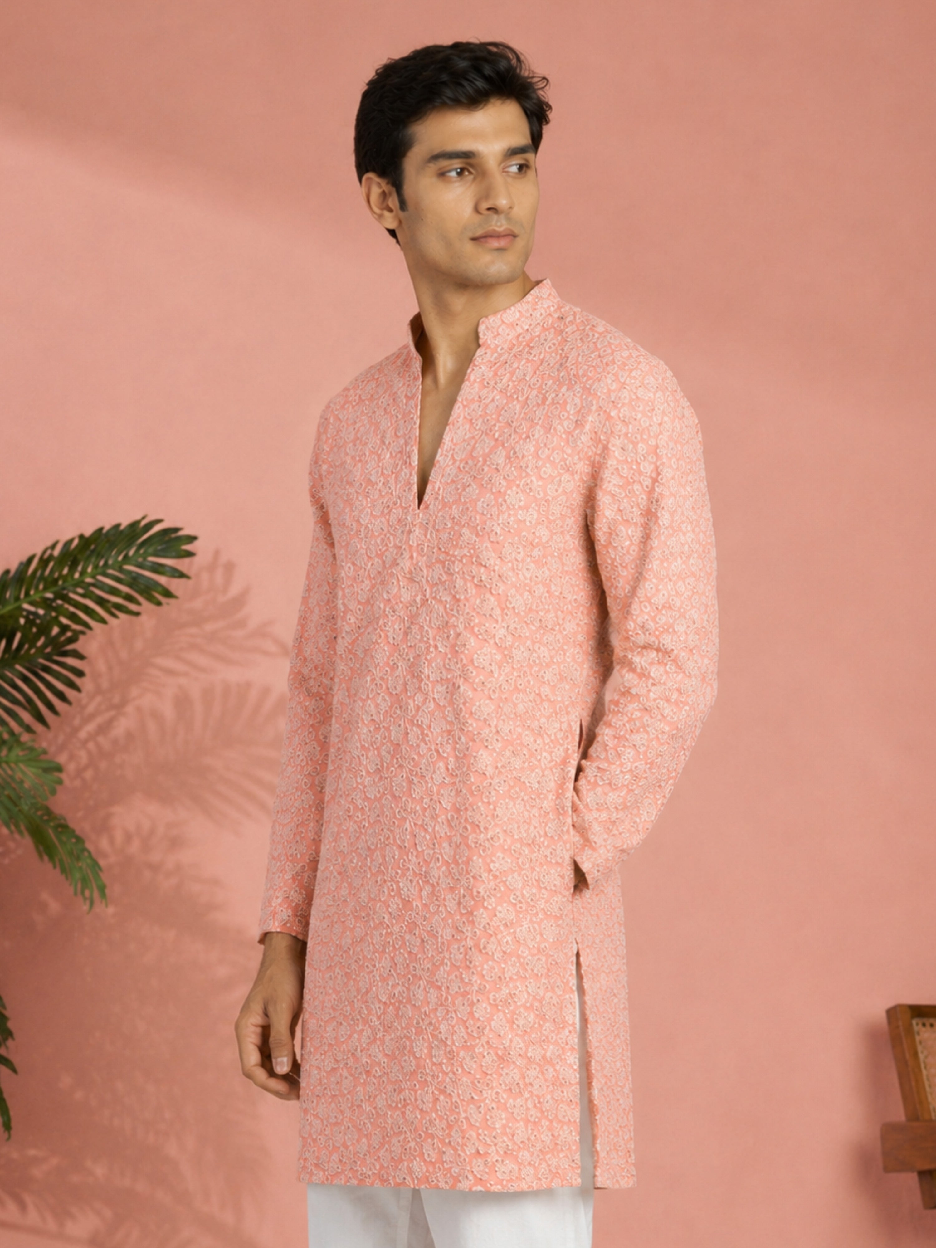 Men's Peach Georgette Floral Thigh Length Kurta