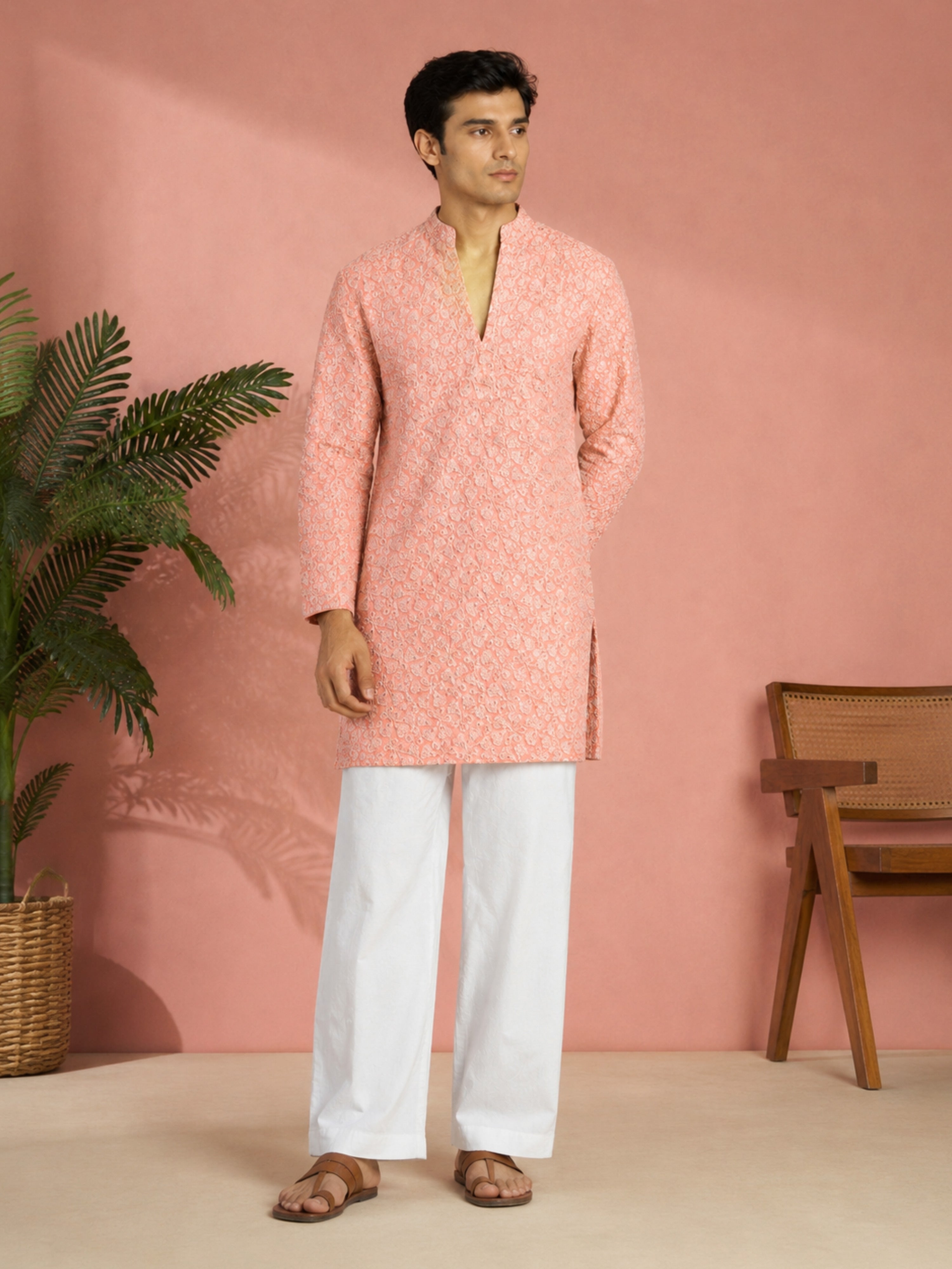 Men's Peach Georgette Floral Thigh Length Kurta