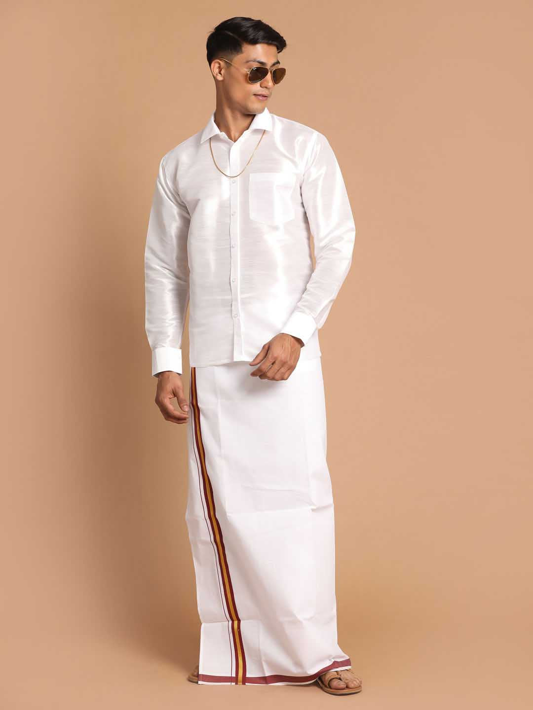 Men's White And Maroon Mundu