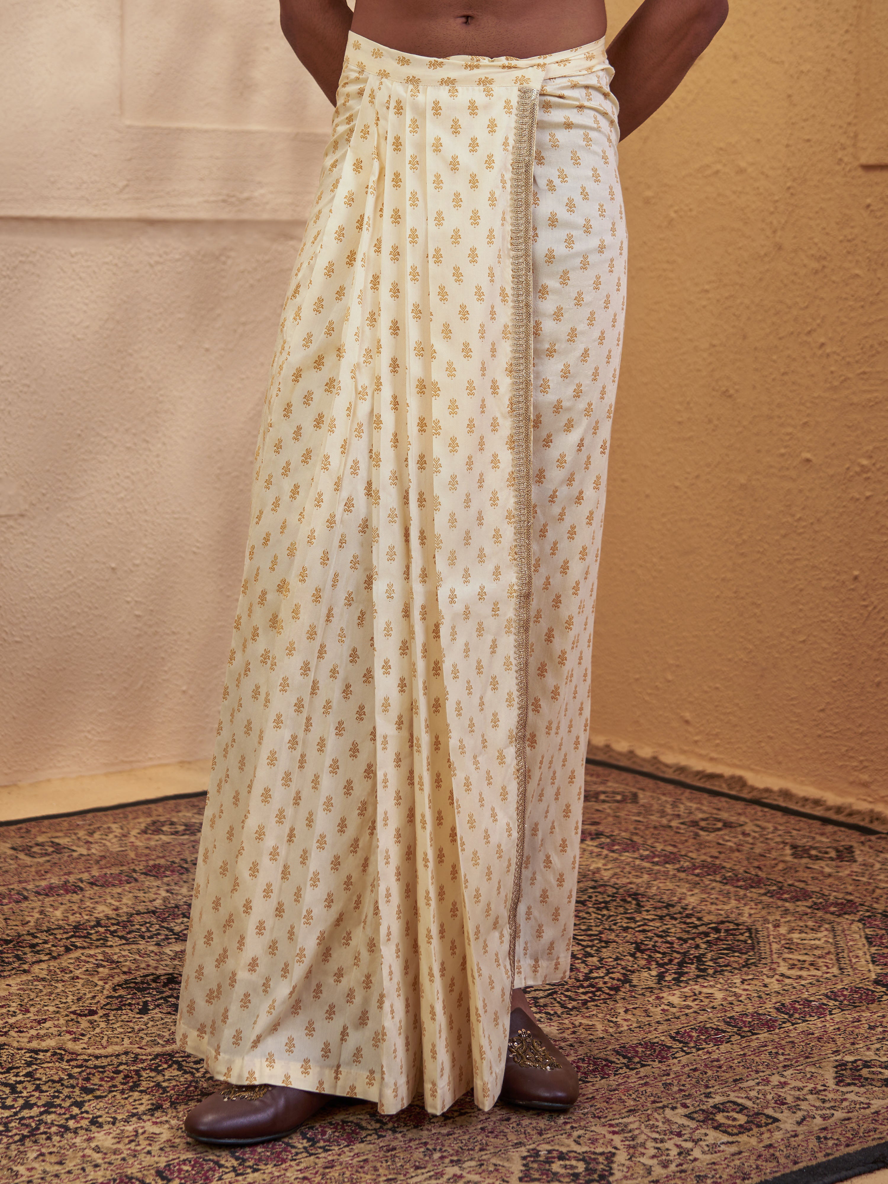 Men's Gold Cotton-Silk-Blend Printed Dhoti