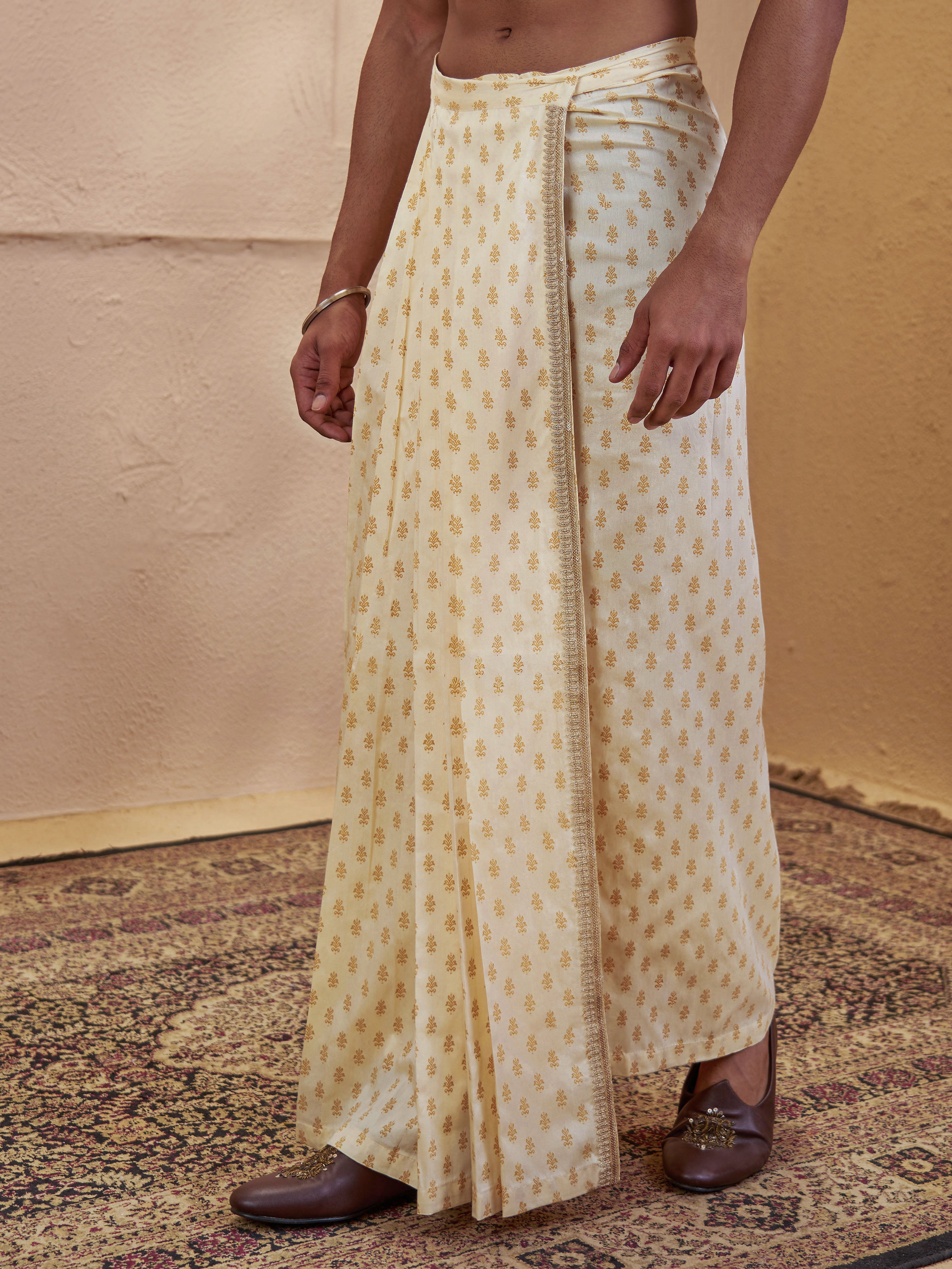 Men's Gold Cotton-Silk-Blend Printed Dhoti