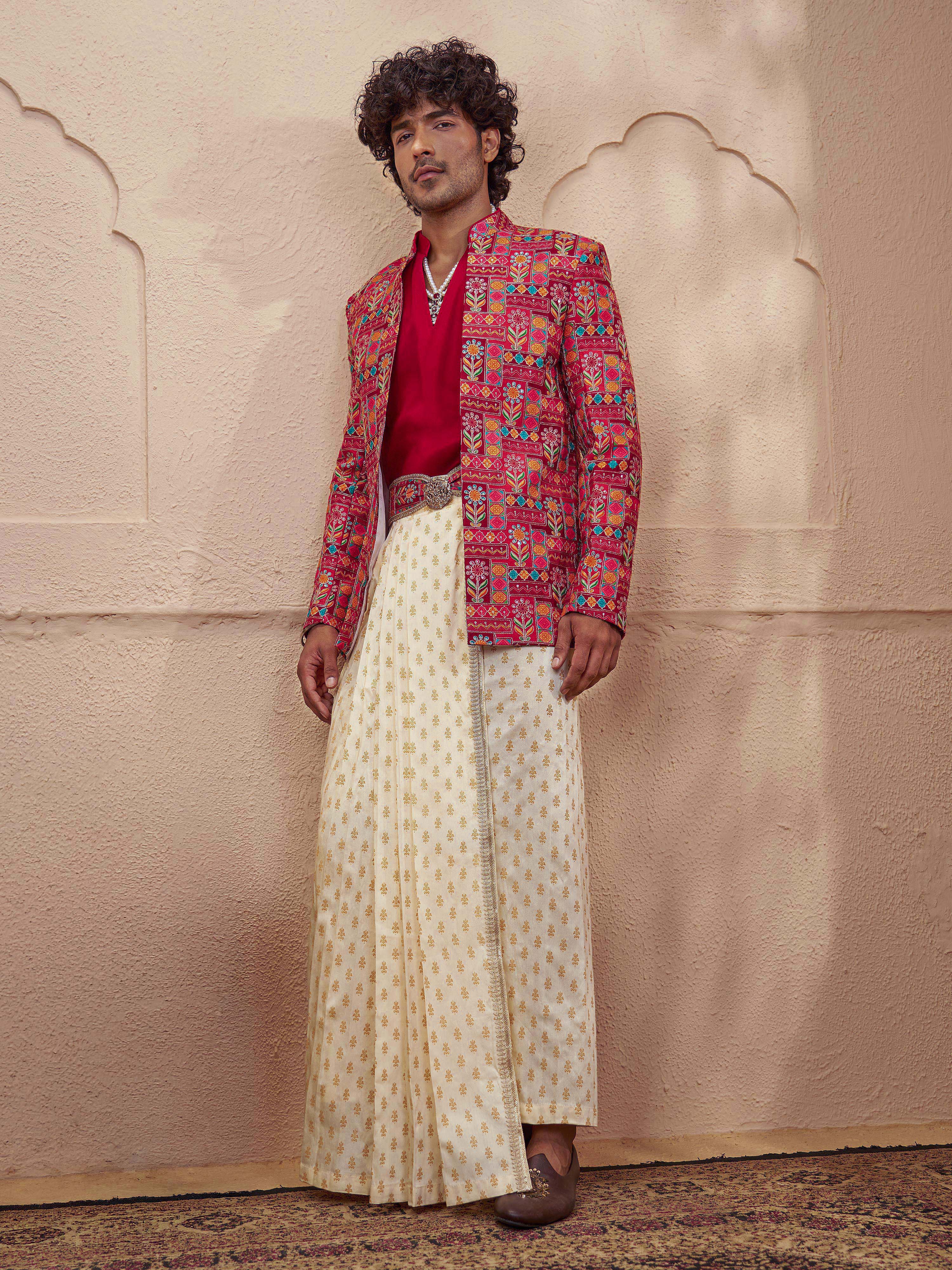 Men's Gold Cotton-Silk-Blend Printed Dhoti