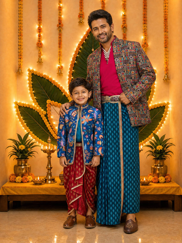 Men's Turquoise Cotton-Silk-Blend Printed Dhoti