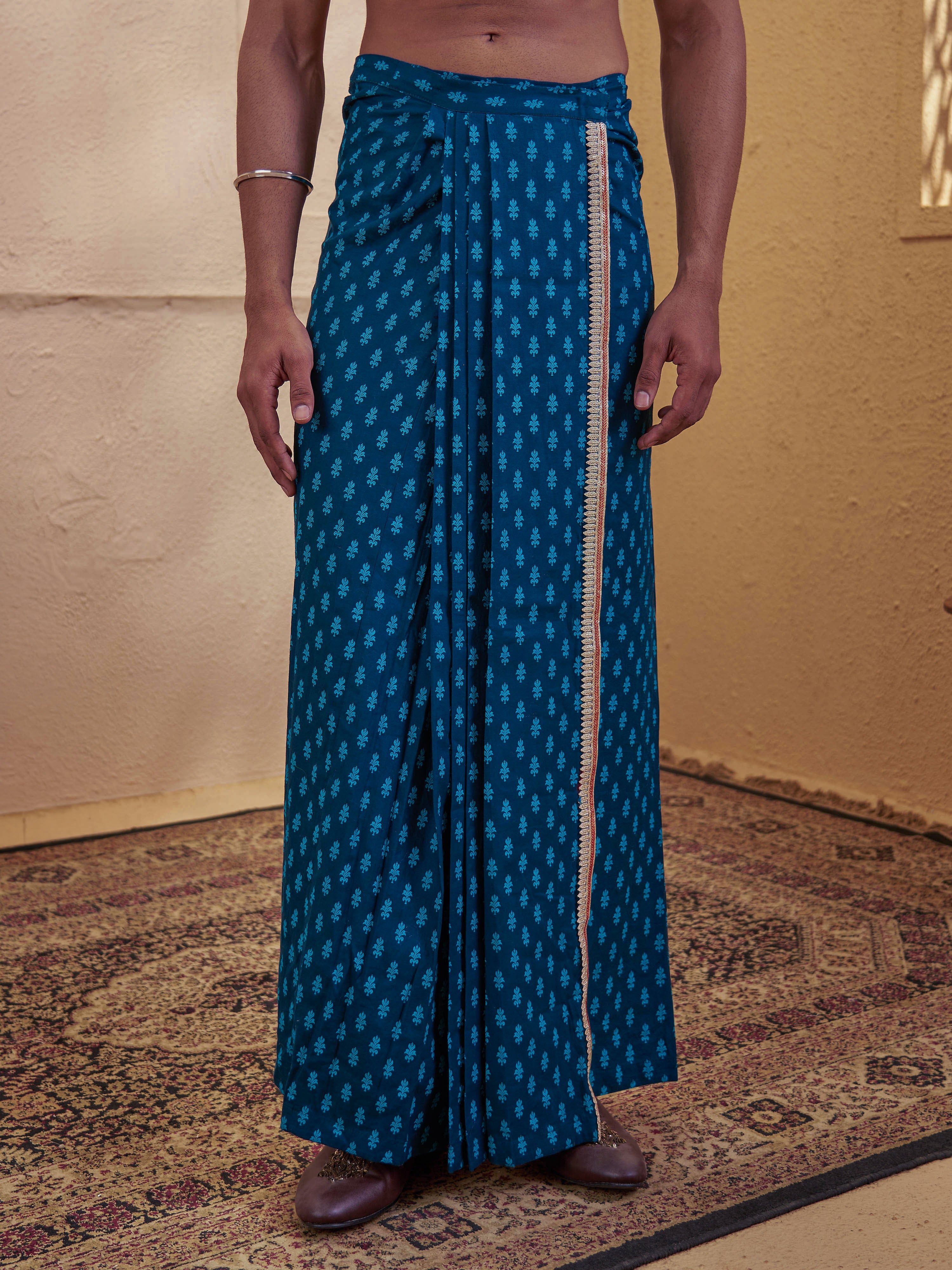 Men's Turquoise Cotton-Silk-Blend Printed Dhoti