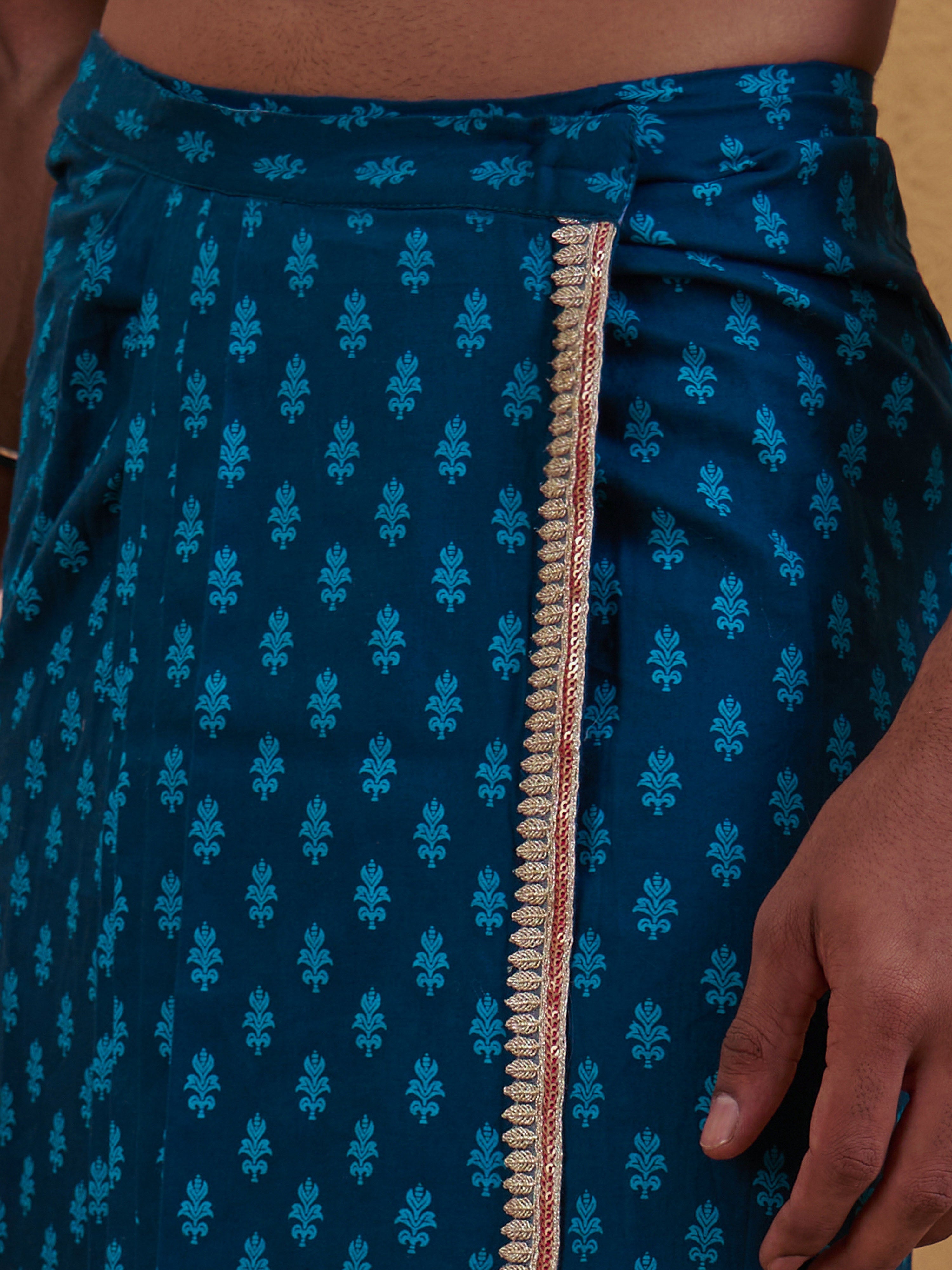 Men's Turquoise Cotton-Silk-Blend Printed Dhoti
