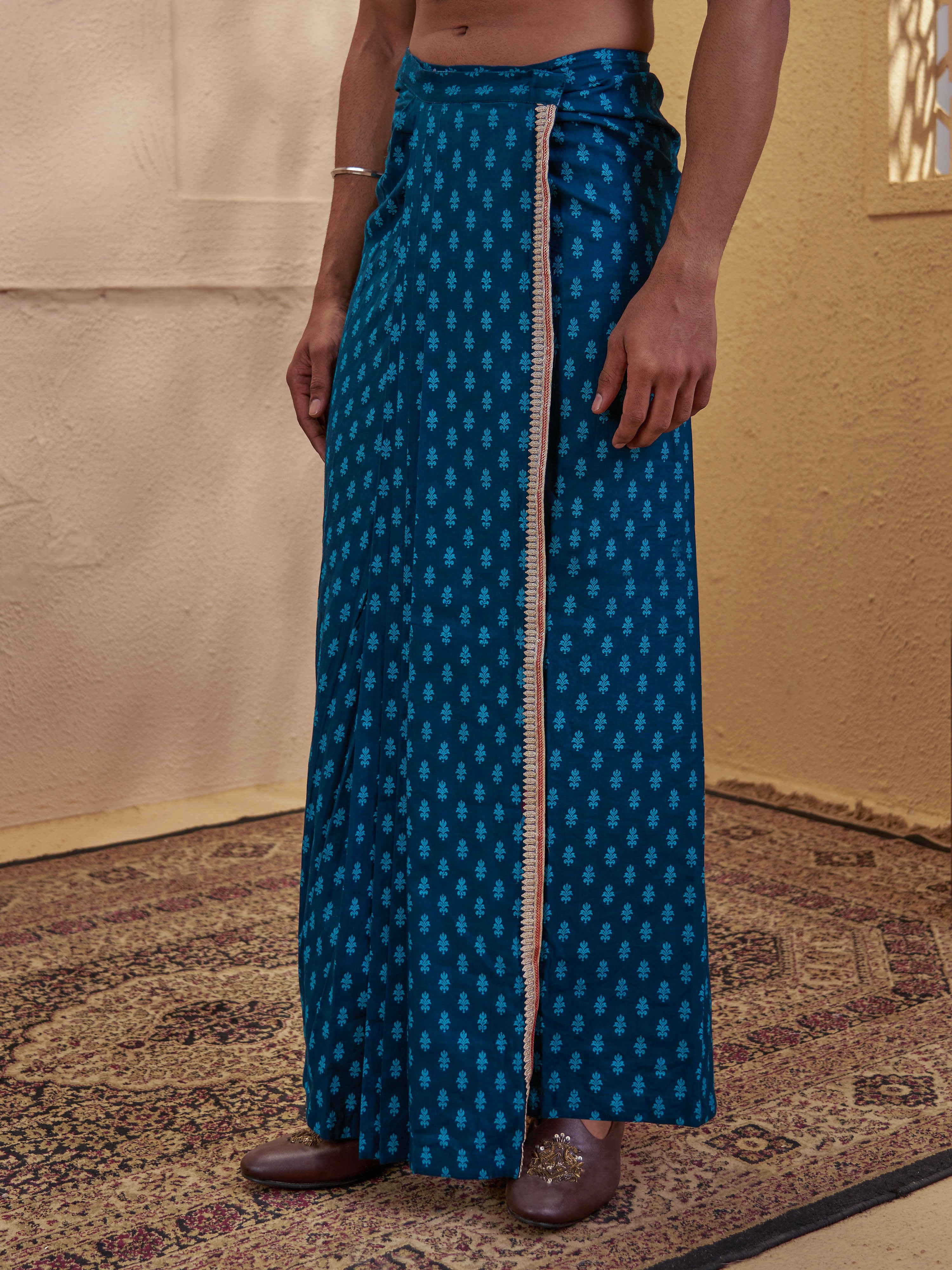 Men's Turquoise Cotton-Silk-Blend Printed Dhoti
