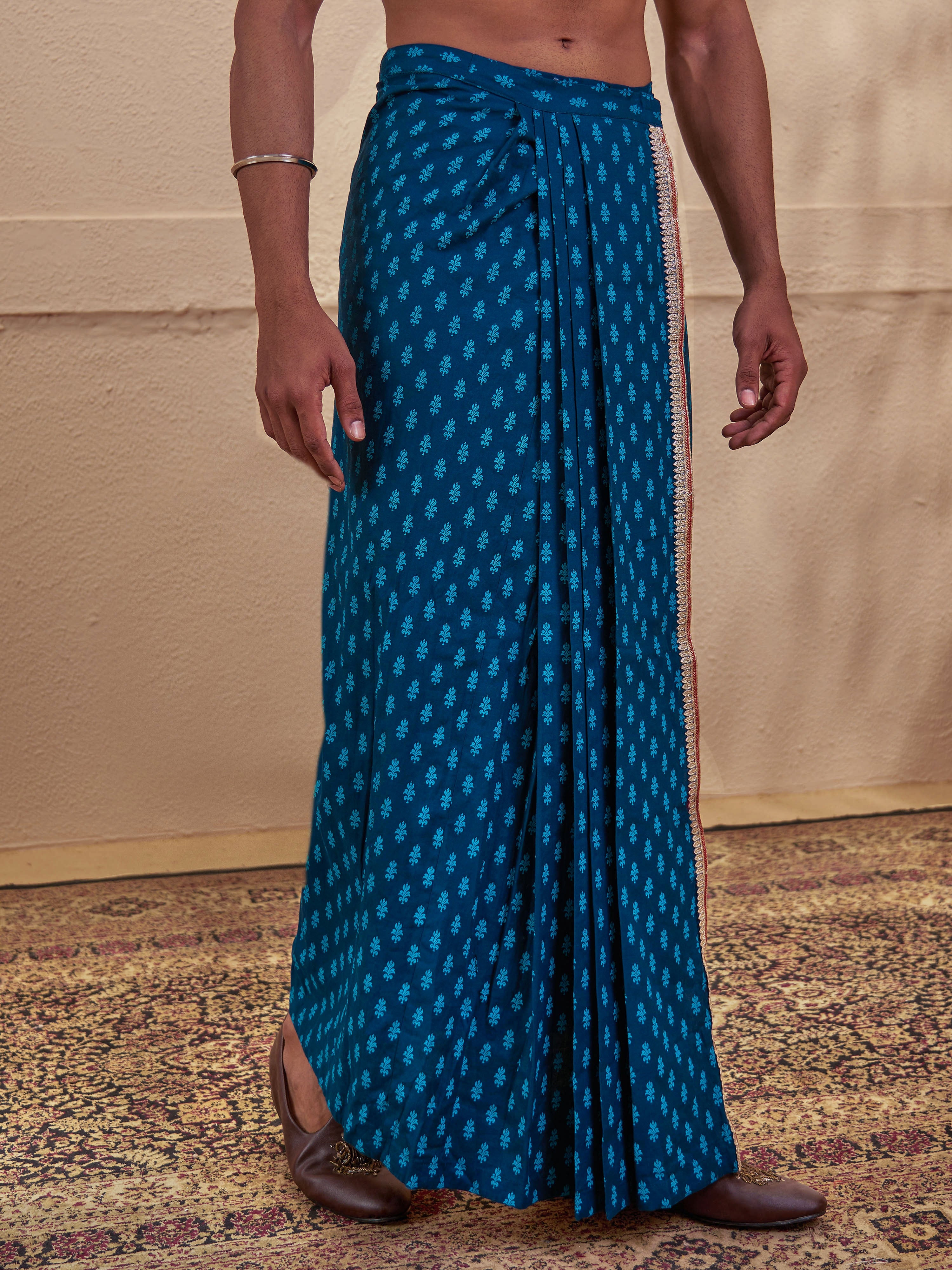 Men's Turquoise Cotton-Silk-Blend Printed Dhoti