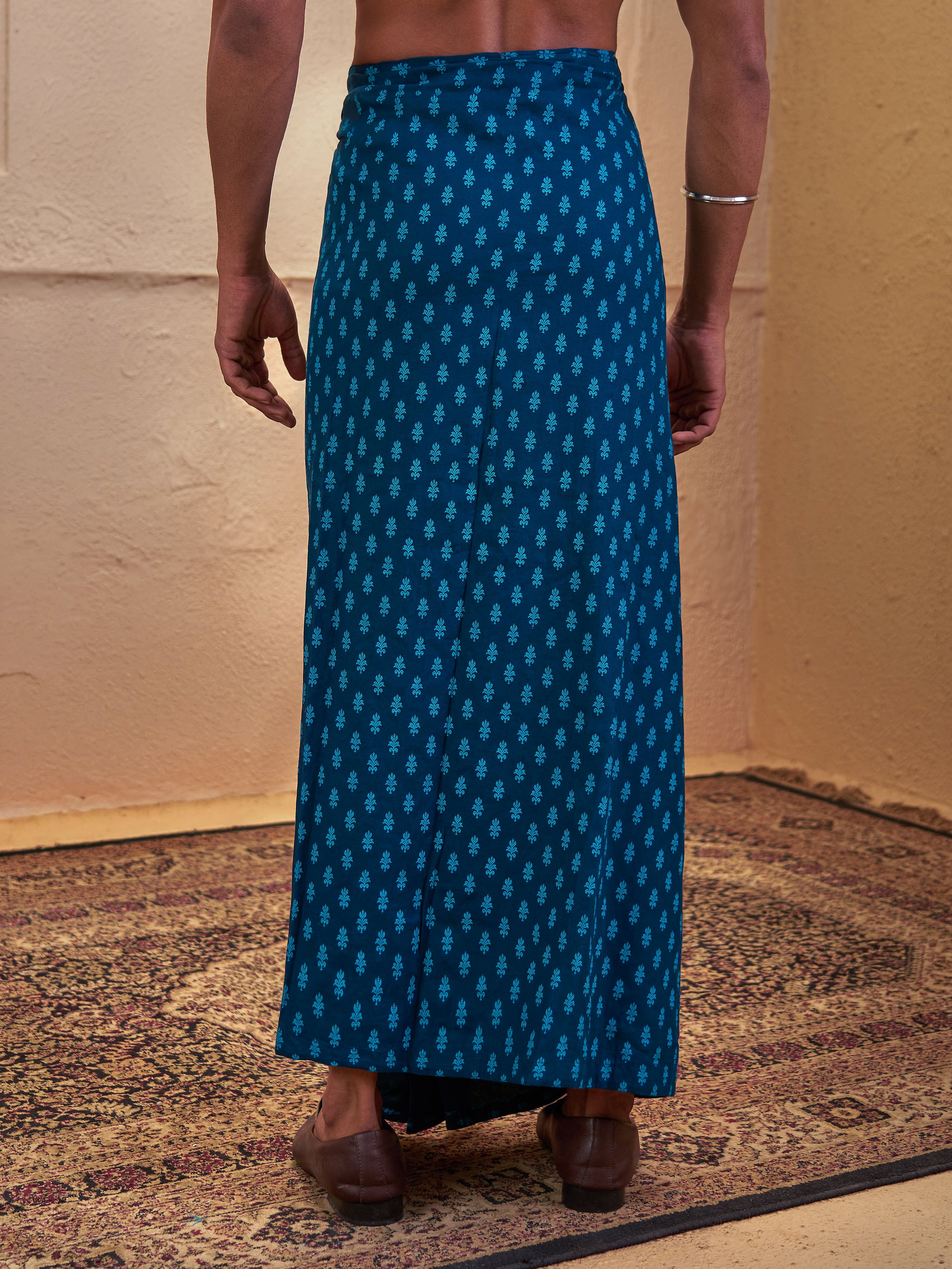 Men's Turquoise Cotton-Silk-Blend Printed Dhoti