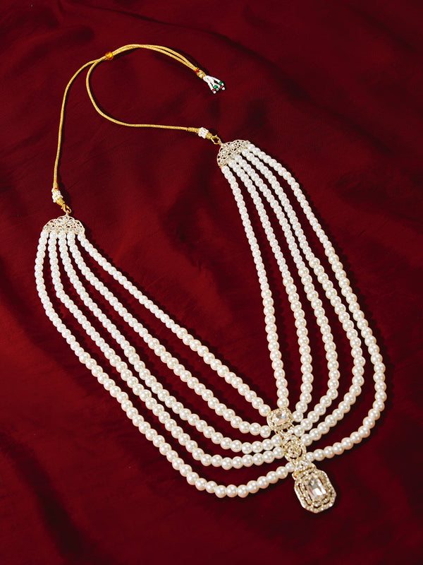 Vastramay Traditional Men's Wedding Necklace - Cream Layered Pearl Rhinestone Design