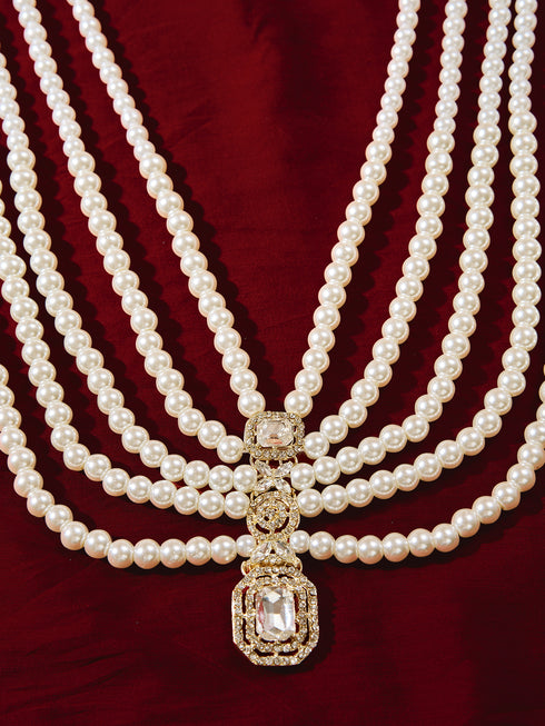 Vastramay Traditional Men's Wedding Necklace - Cream Layered Pearl Rhinestone Design